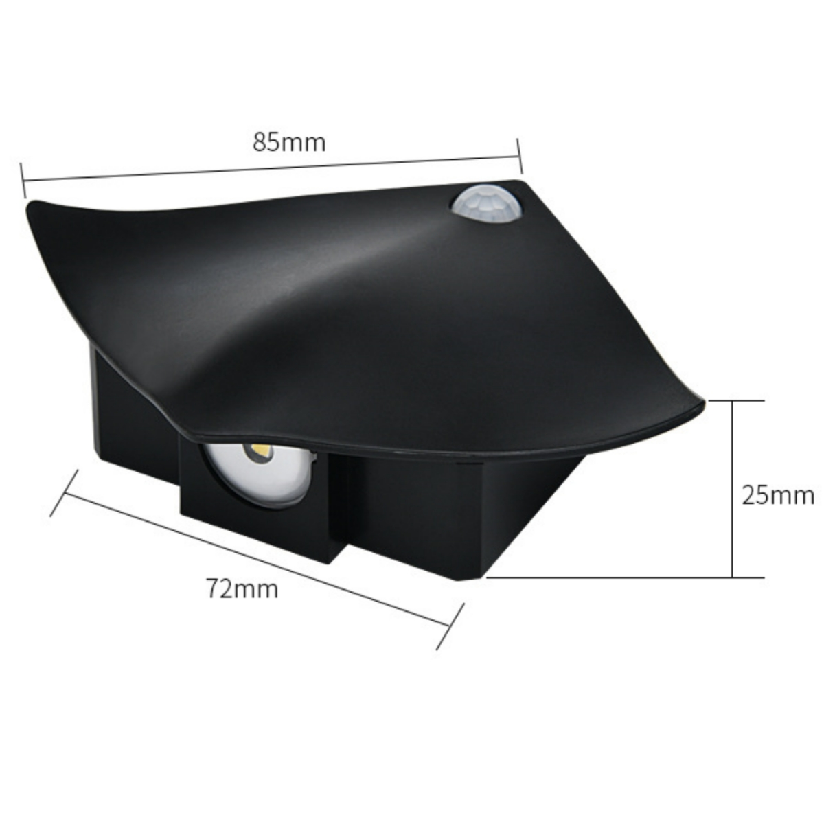 Schwarzes Bewegungssensorlicht mit den Maßen 85 mm x 72 mm und 25 mm Höhe, auf Weiß.