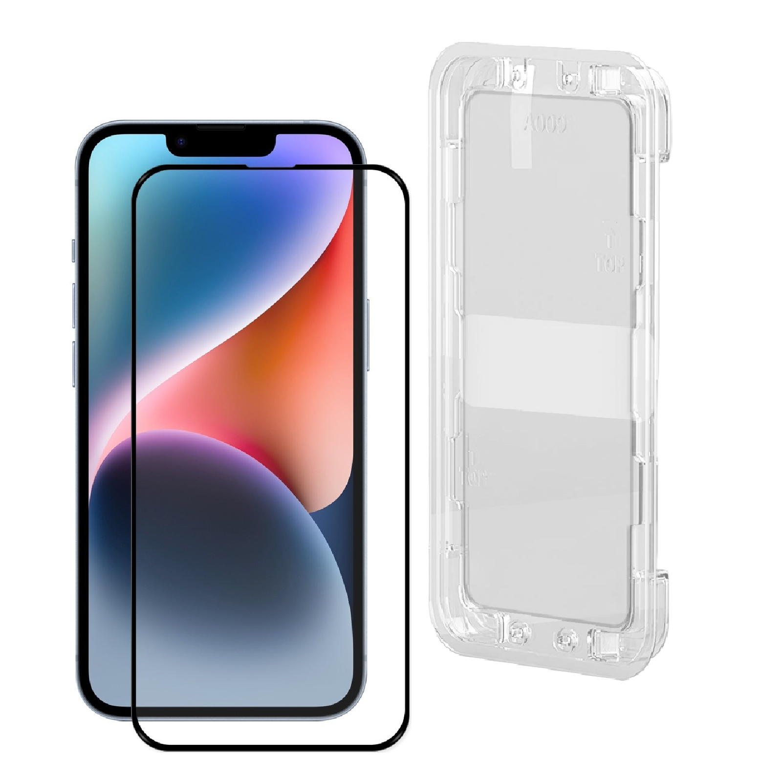 Smartphone mit Displayschutzfolie und einem transparenten Kunststoff-Ausrichtungsrahmen. Telefon ist blau.