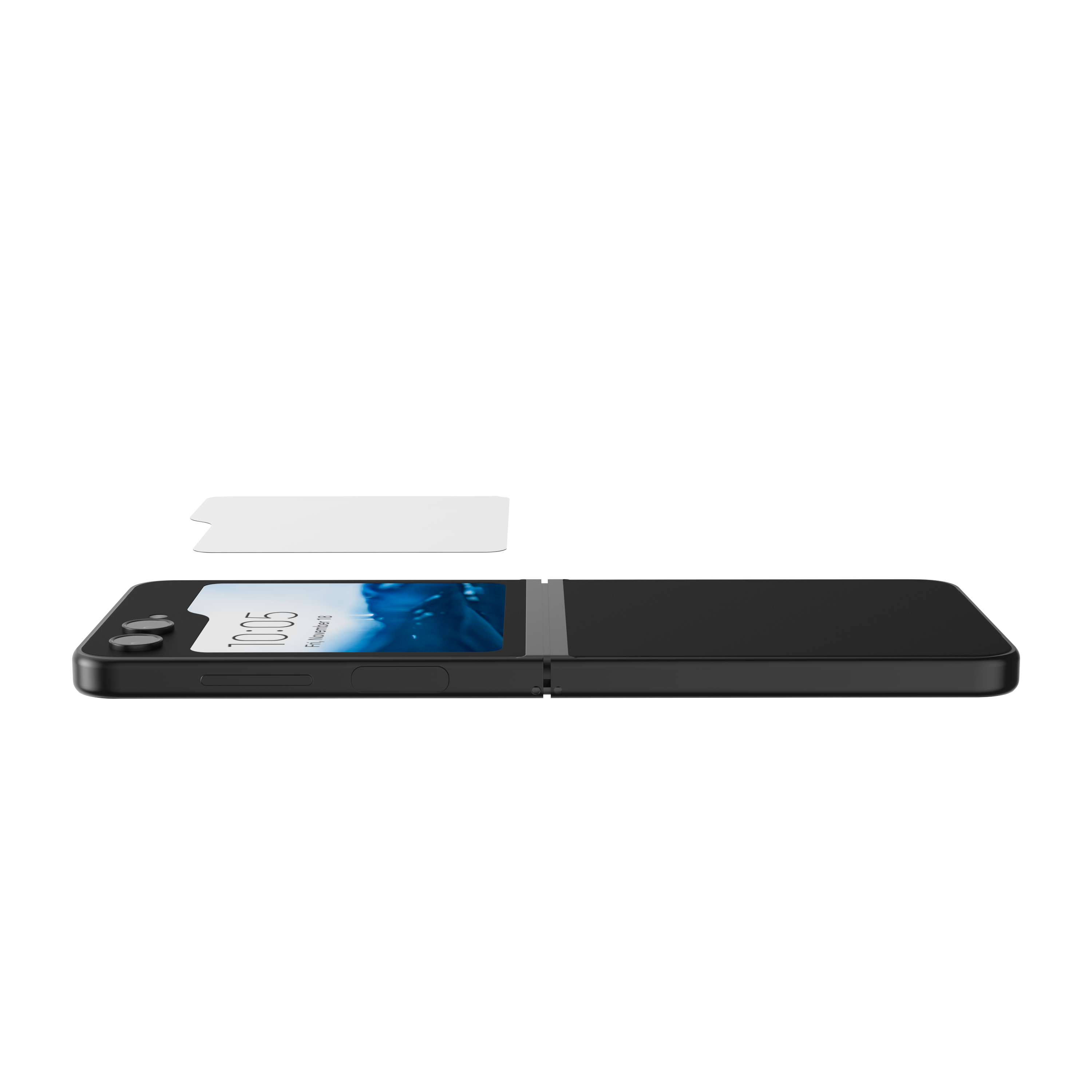 Un telefono Samsung nero è aperto, mostrando l'ora e la data.