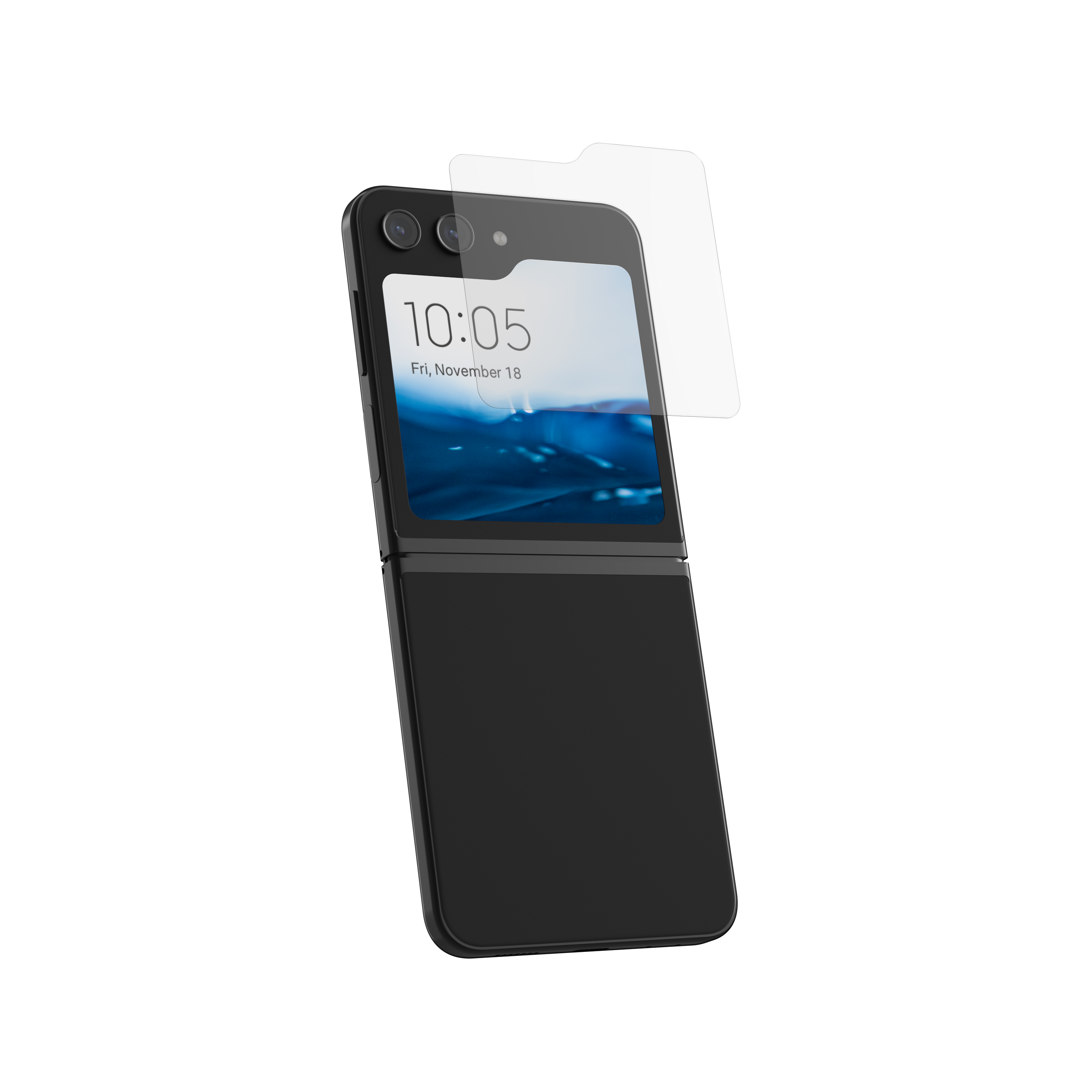 Telefono nero pieghevole aperto, lo schermo mostra l'ora. Un proteggi schermo è posizionato accanto.
