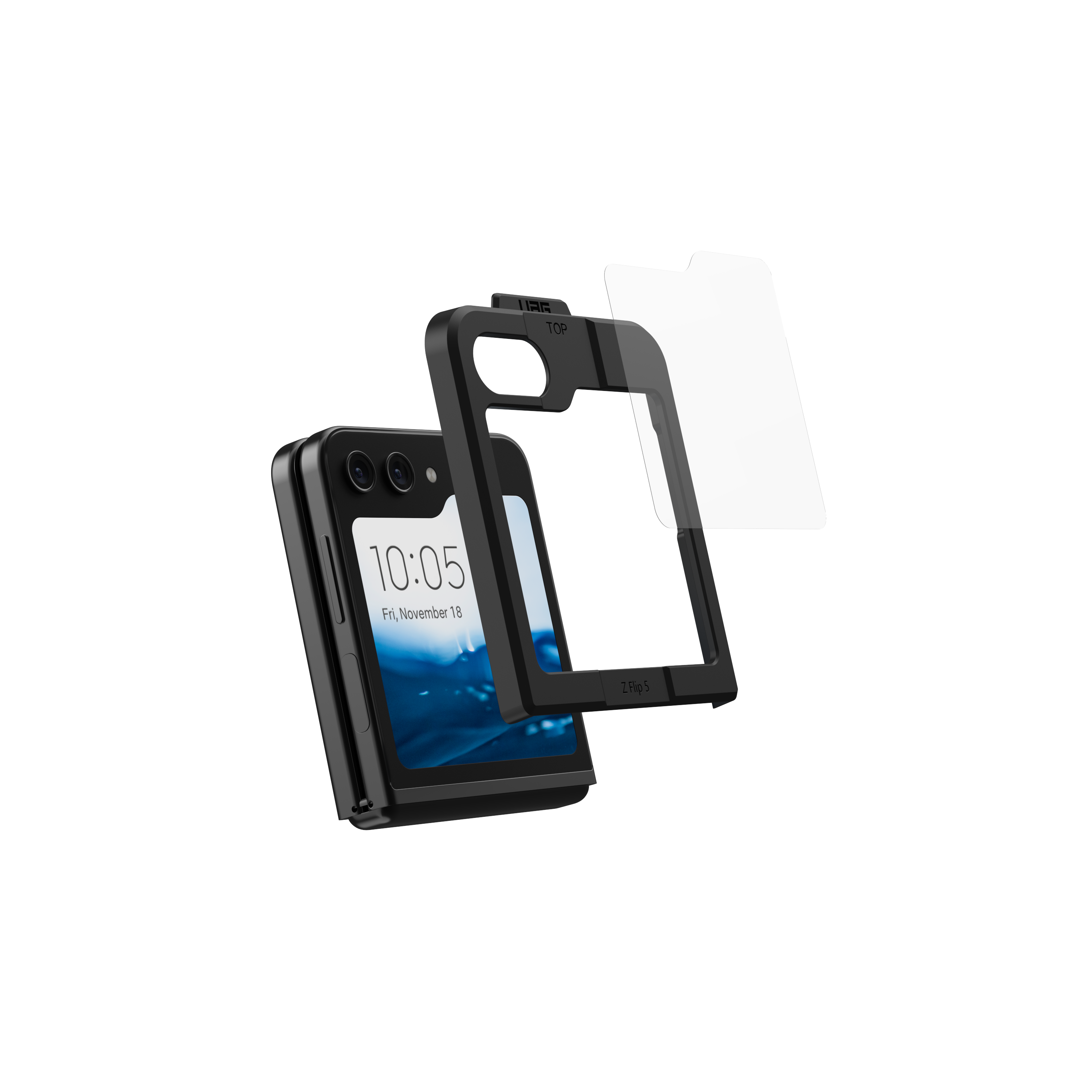 Telefono nero pieghevole, custodia e proteggi schermo separati. Il telefono mostra l'ora.