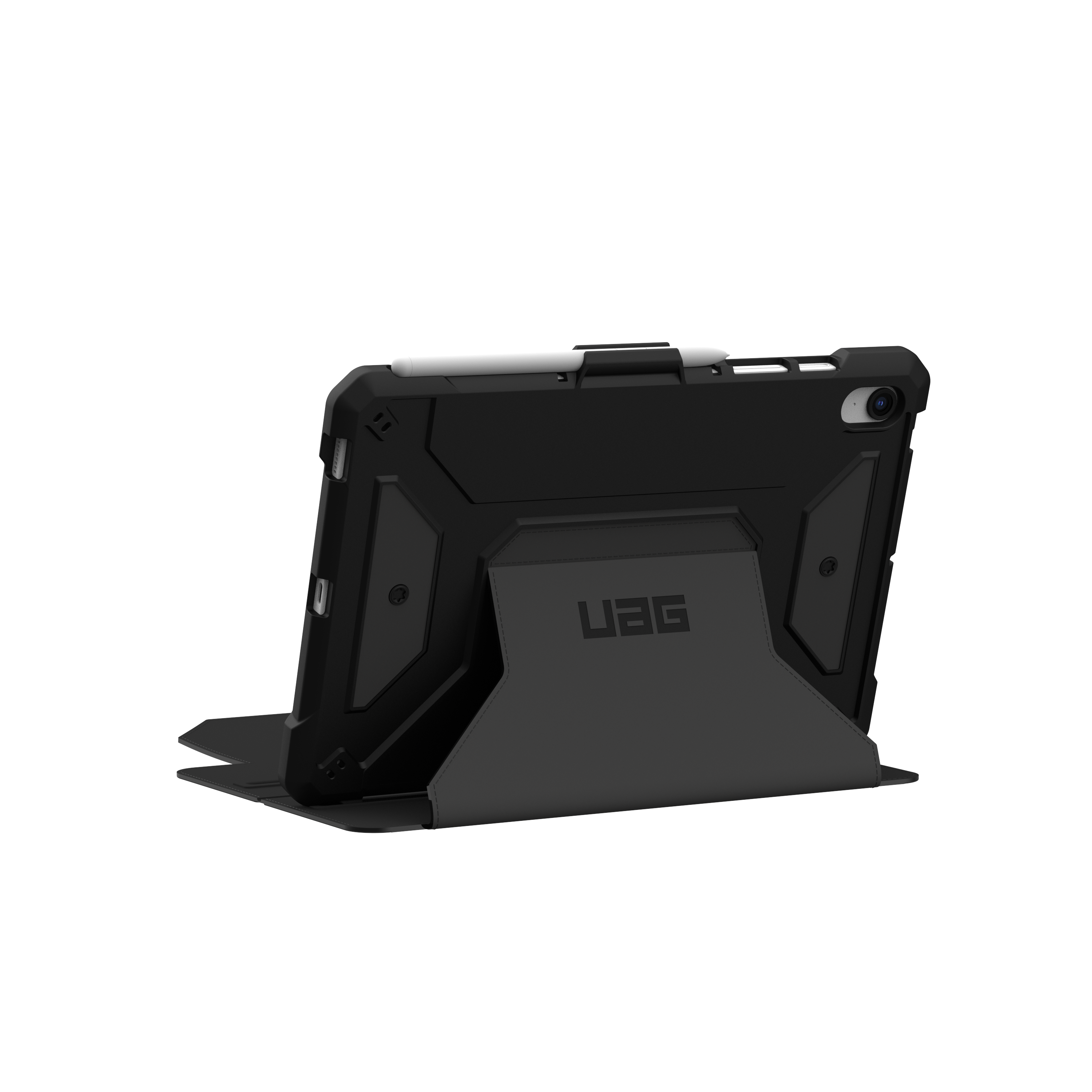 Eine schwarze Tablet-Hülle mit Ständer, die ein Tablet mit Stift auf schwarzem Hintergrund zeigt.
