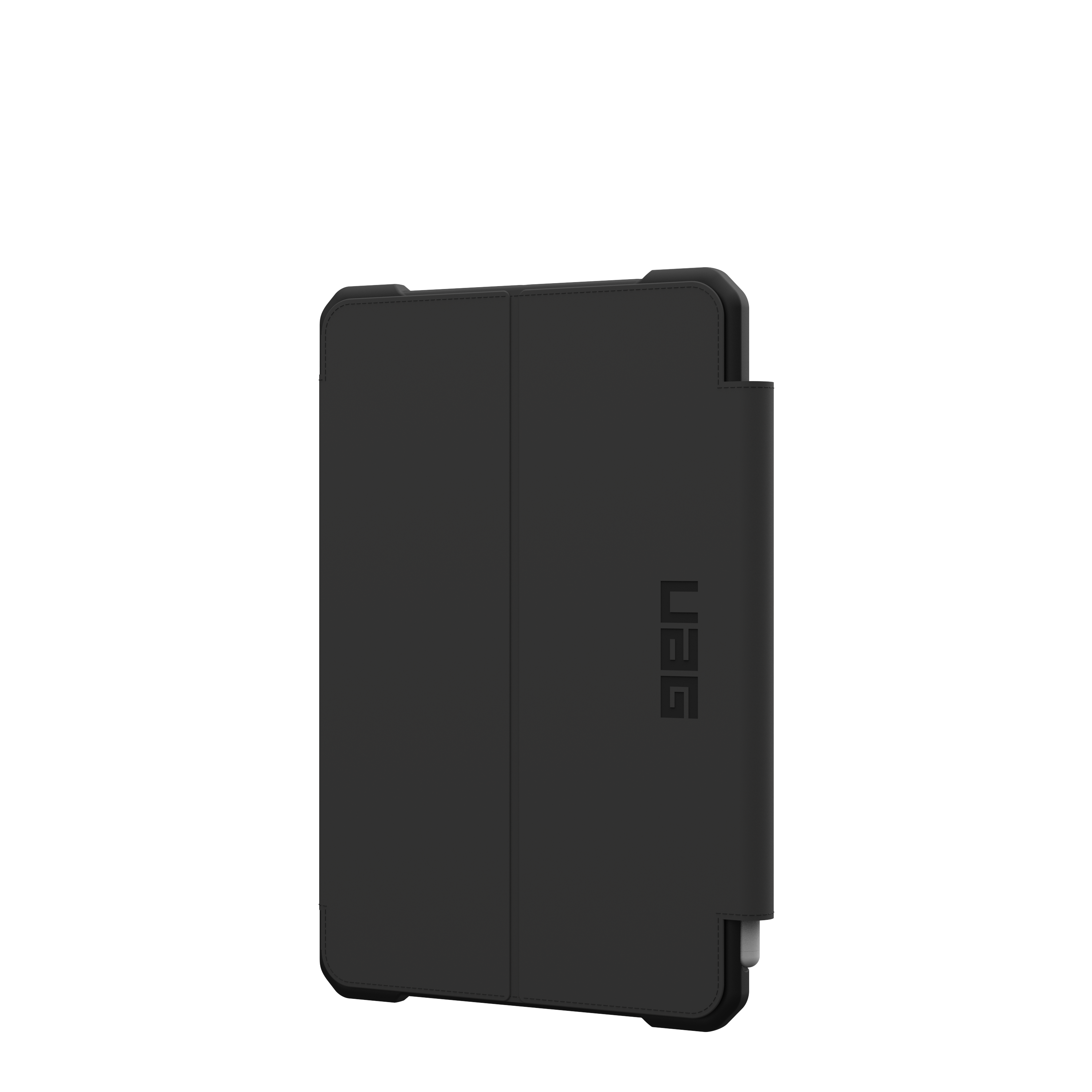 Schwarze Tablet-Hülle, UAG-Logo sichtbar. Geschlossen, zeigt den Außenrand des Tablets.