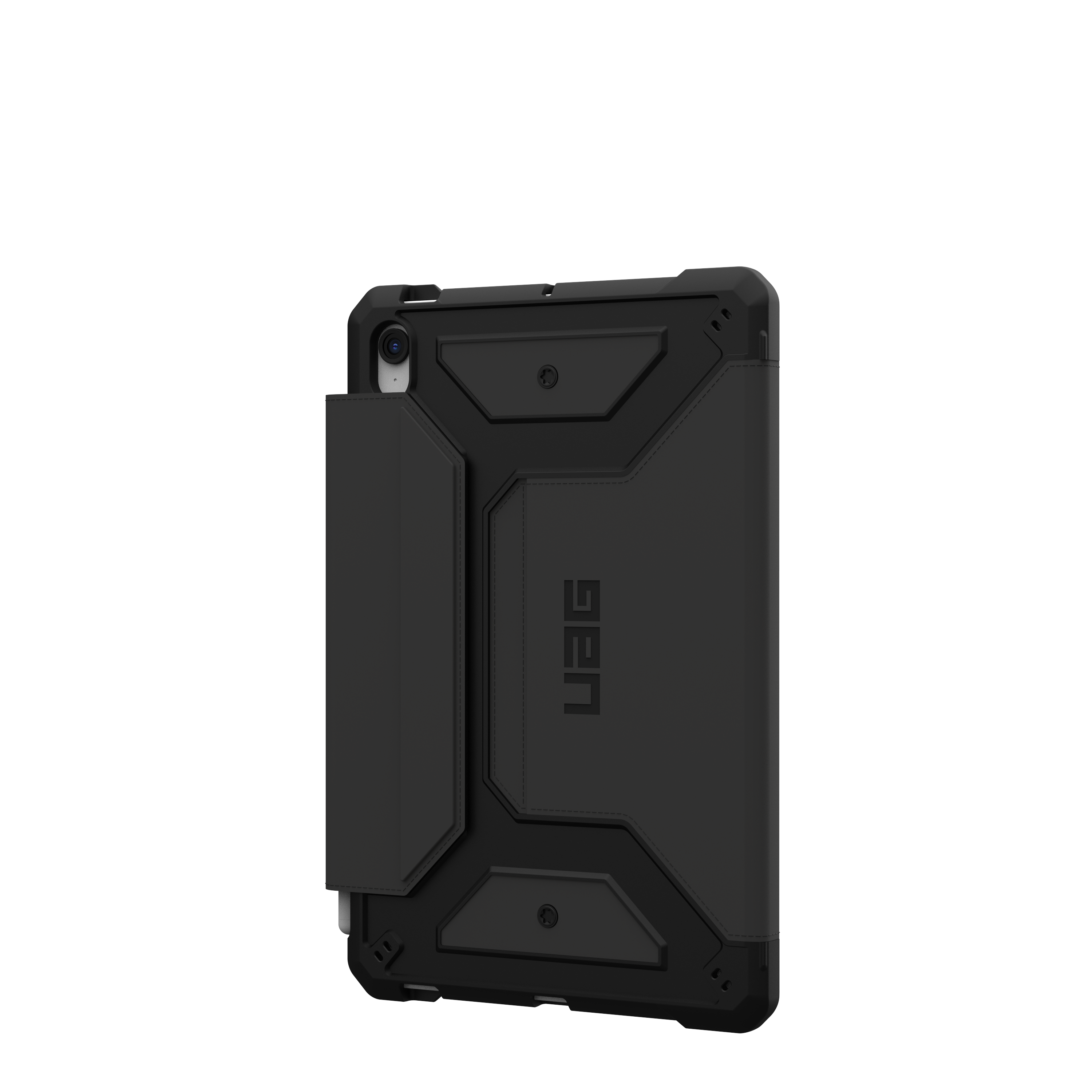 Schwarze iPad-Hülle, Marke UAG. Es befindet sich auf schwarzem Hintergrund und hat eine Abdeckung, die über den Bildschirm geklappt wird.