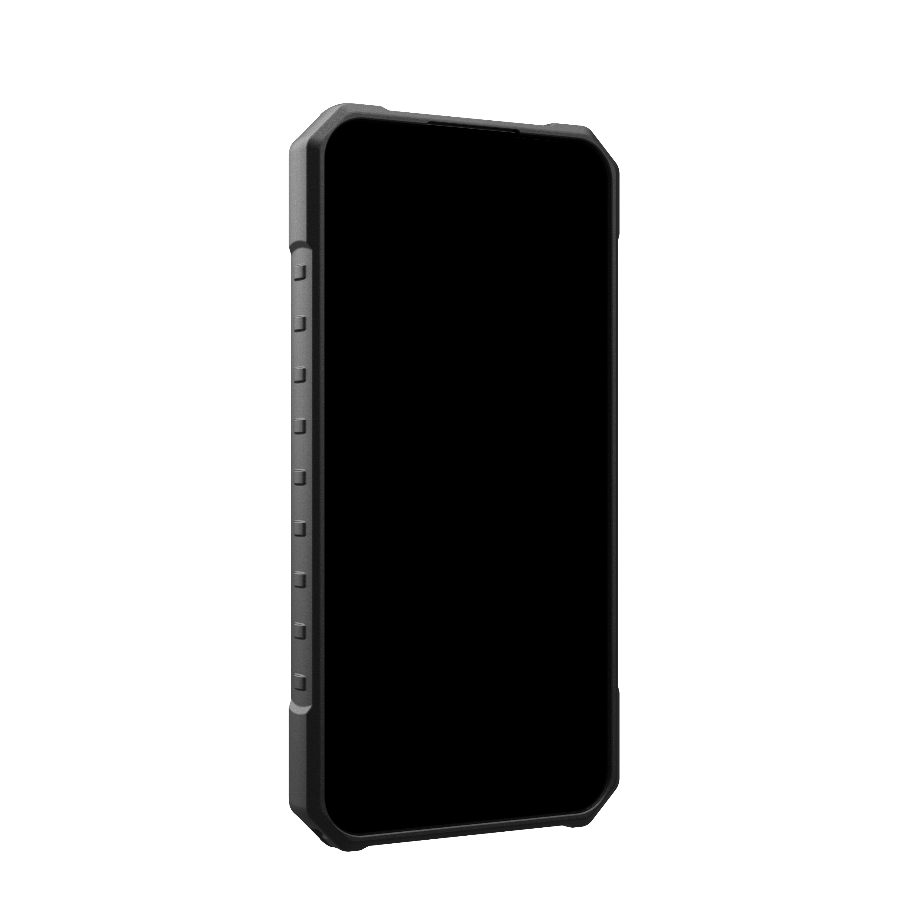 Een telefoonhoesje met een zwart scherm, met een beschermend ontwerp en een zwarte achtergrond.