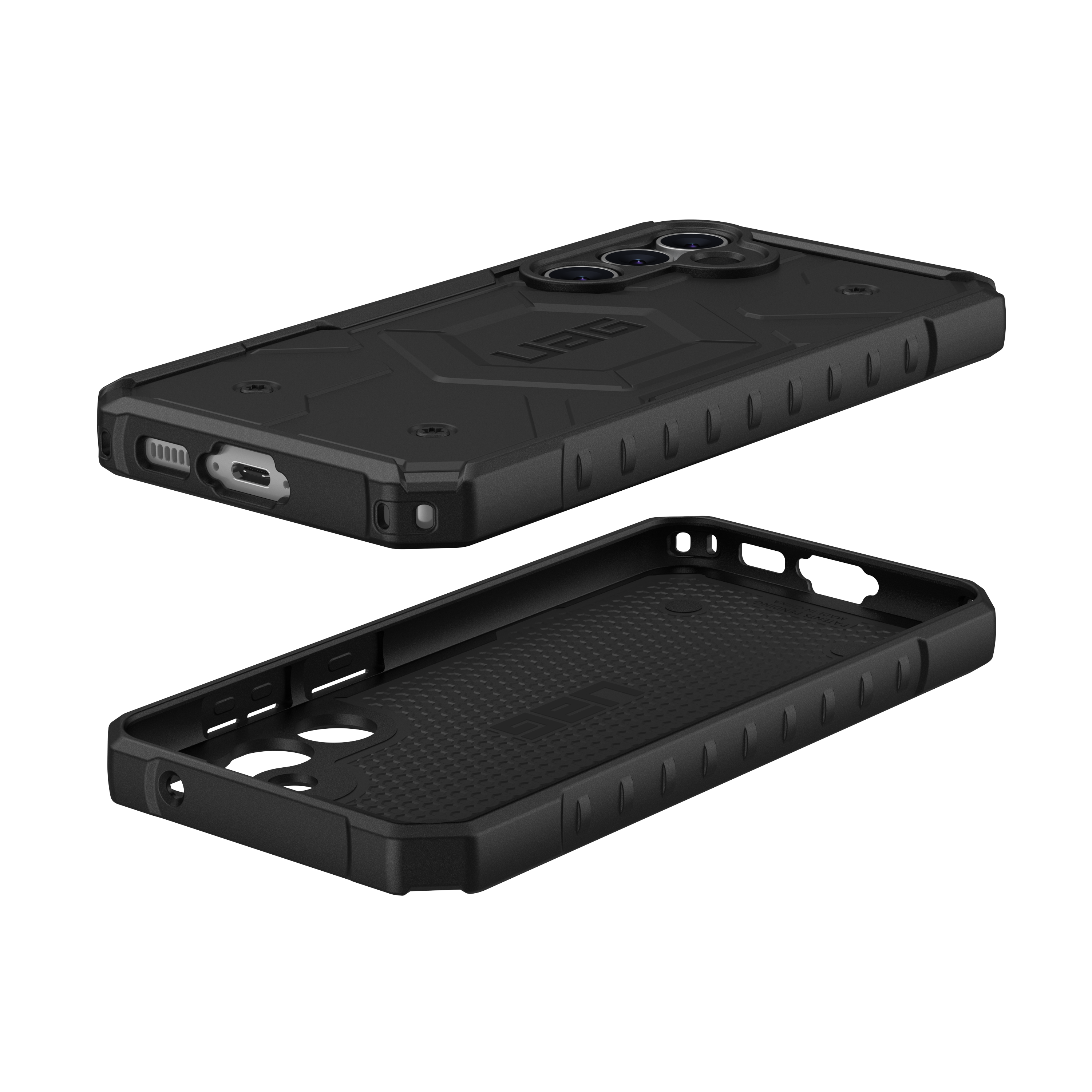 Zwarte telefoonhoes in twee delen, boven en beneden, met details.