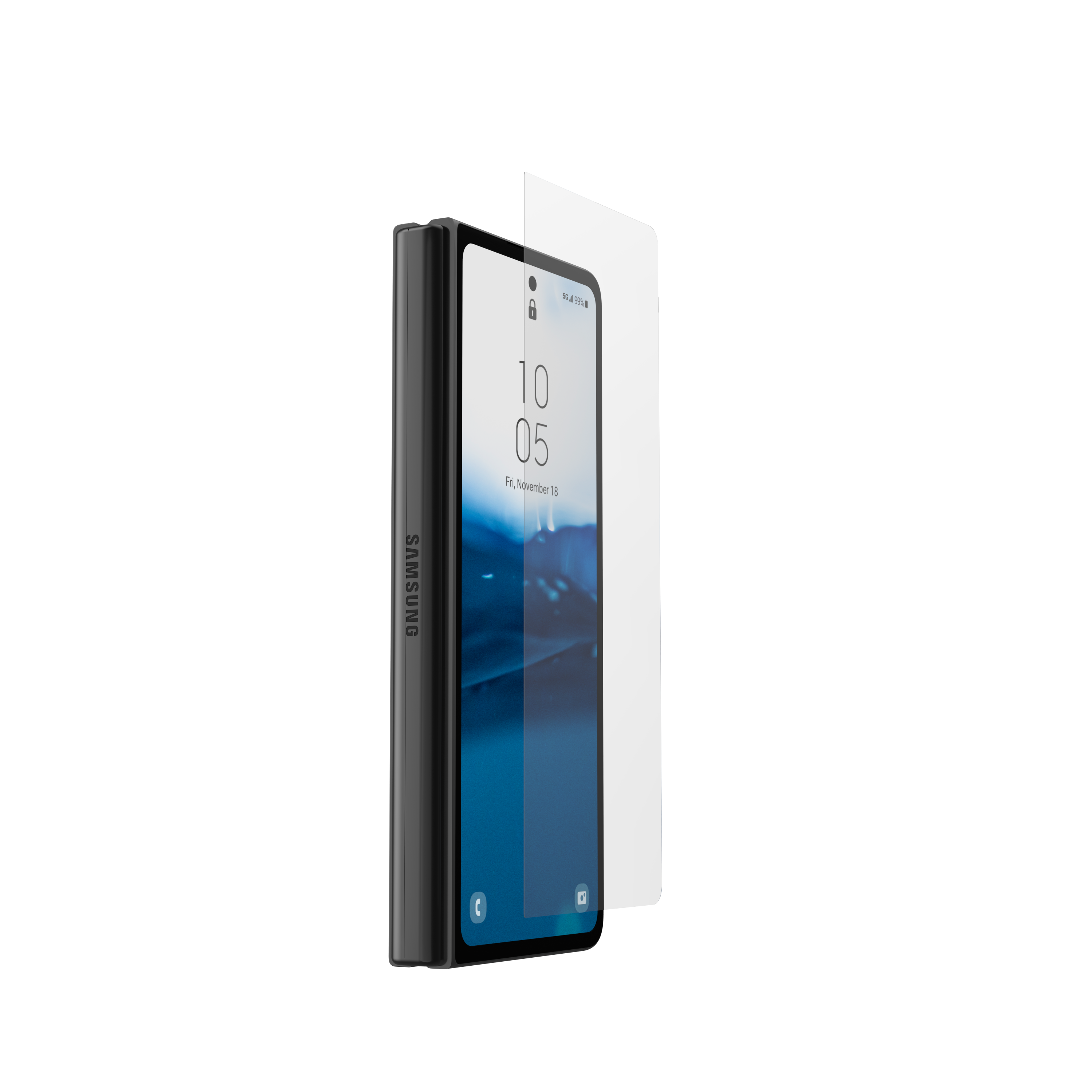 Un telefono Samsung in una custodia nera è aperto, mostrando l'ora e la data.