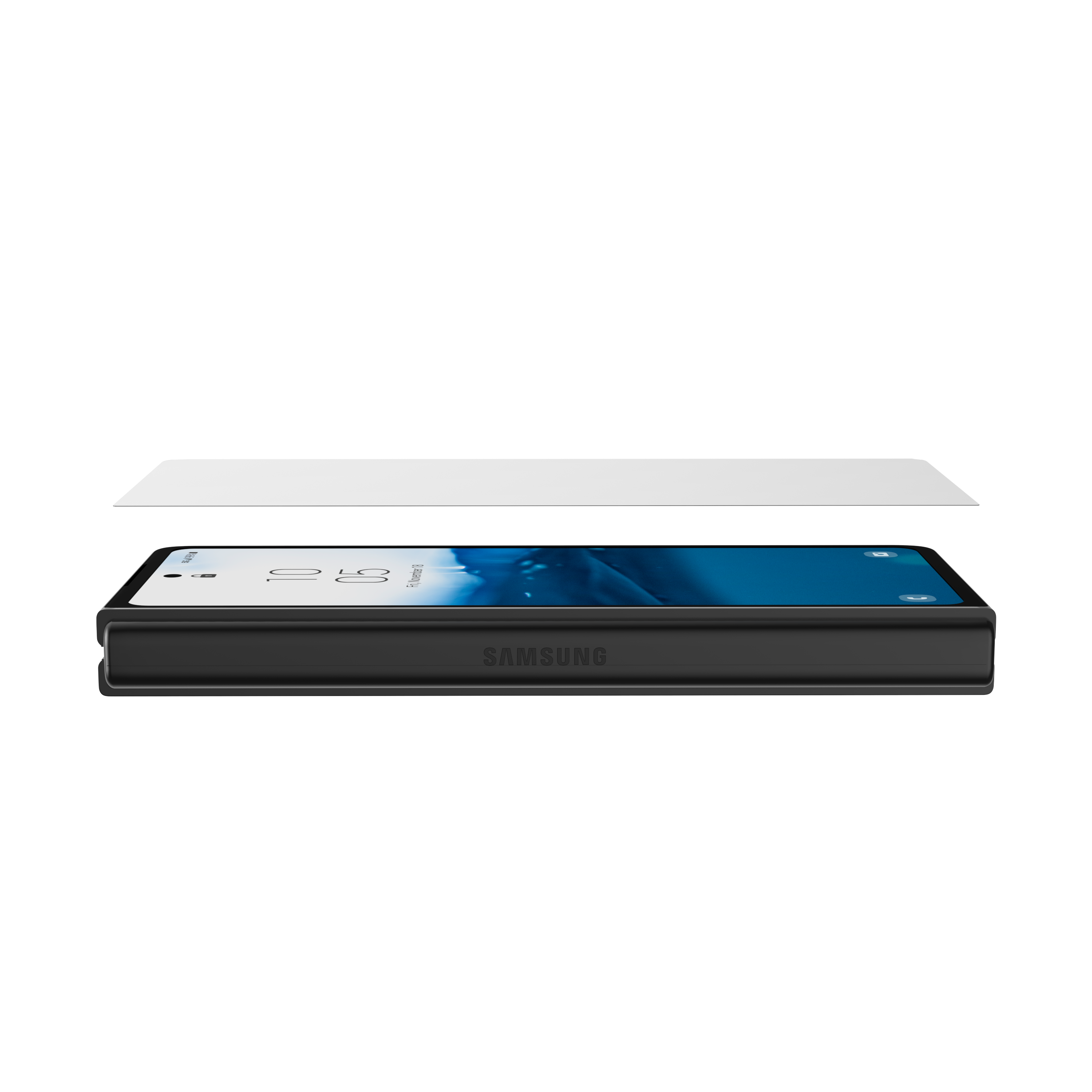 Telefono nero piegato con logo SAMSUNG e proteggi schermo. L'ora è visualizzata.