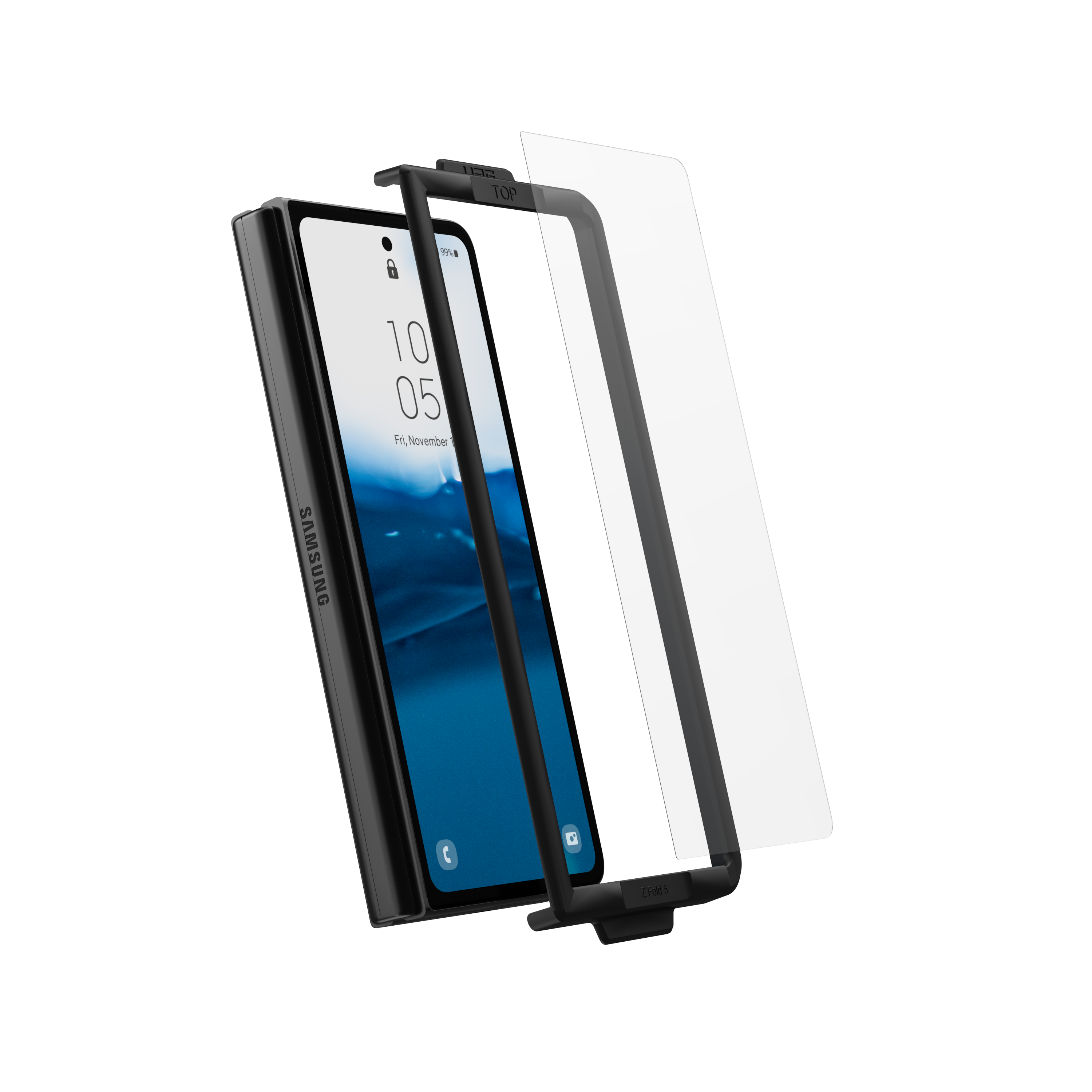 Telefono nero piegato con custodia e proteggi schermo. L'ora è visualizzata sullo schermo.