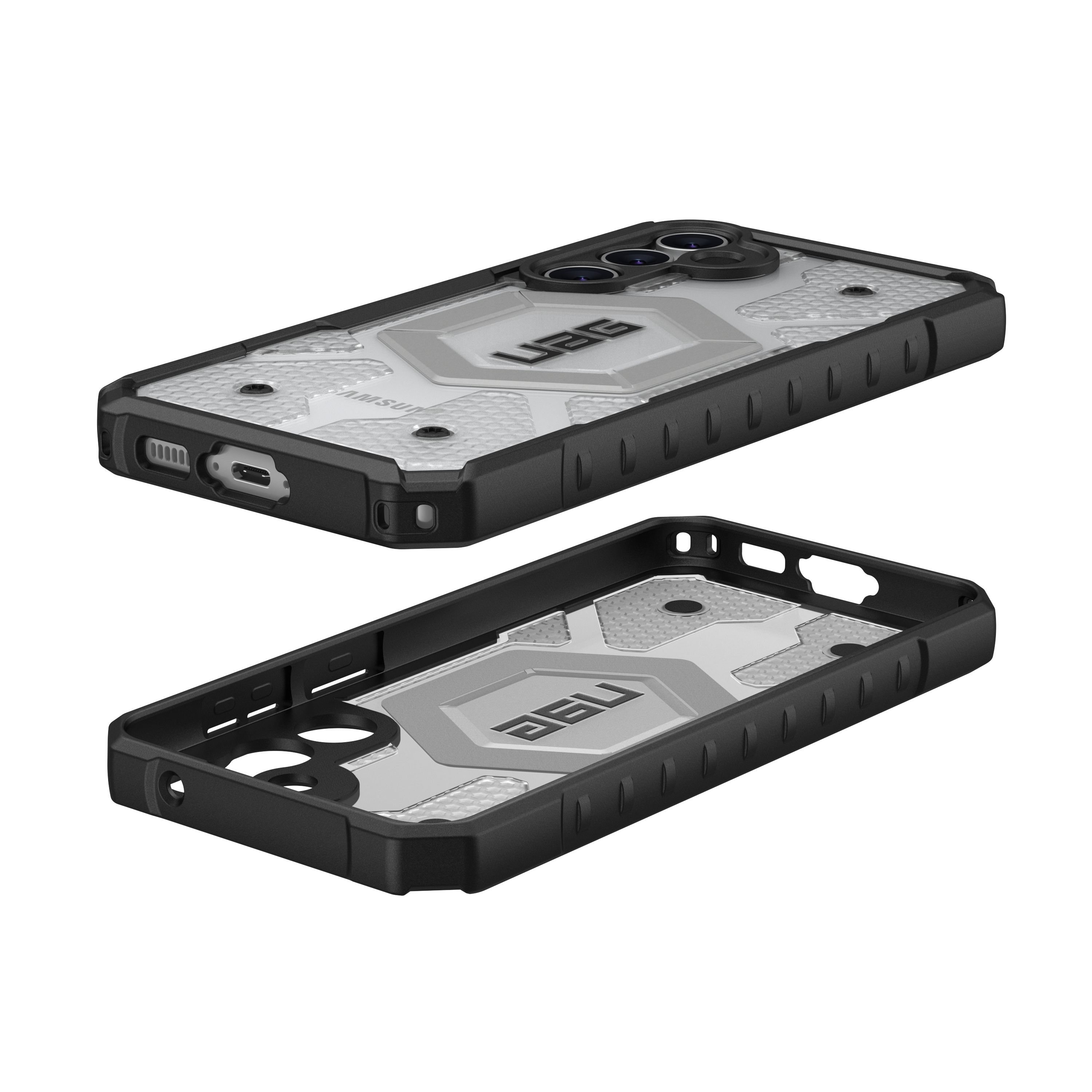 Zwarte en zilveren telefoonhoes, twee aanzichten, met UAG-logo.