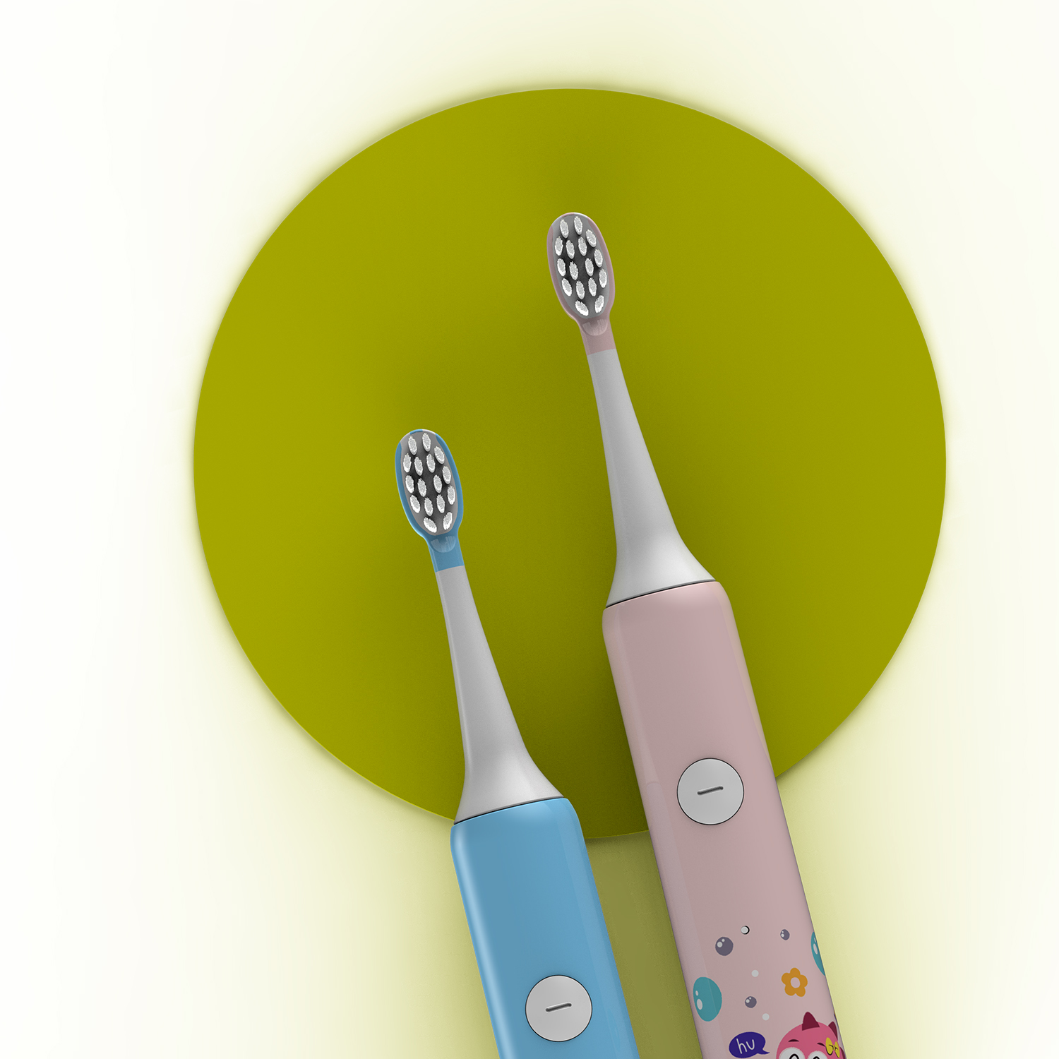Zwei elektrische Zahnbürsten, blau und rosa, auf einem gelb-grünen Hintergrund.