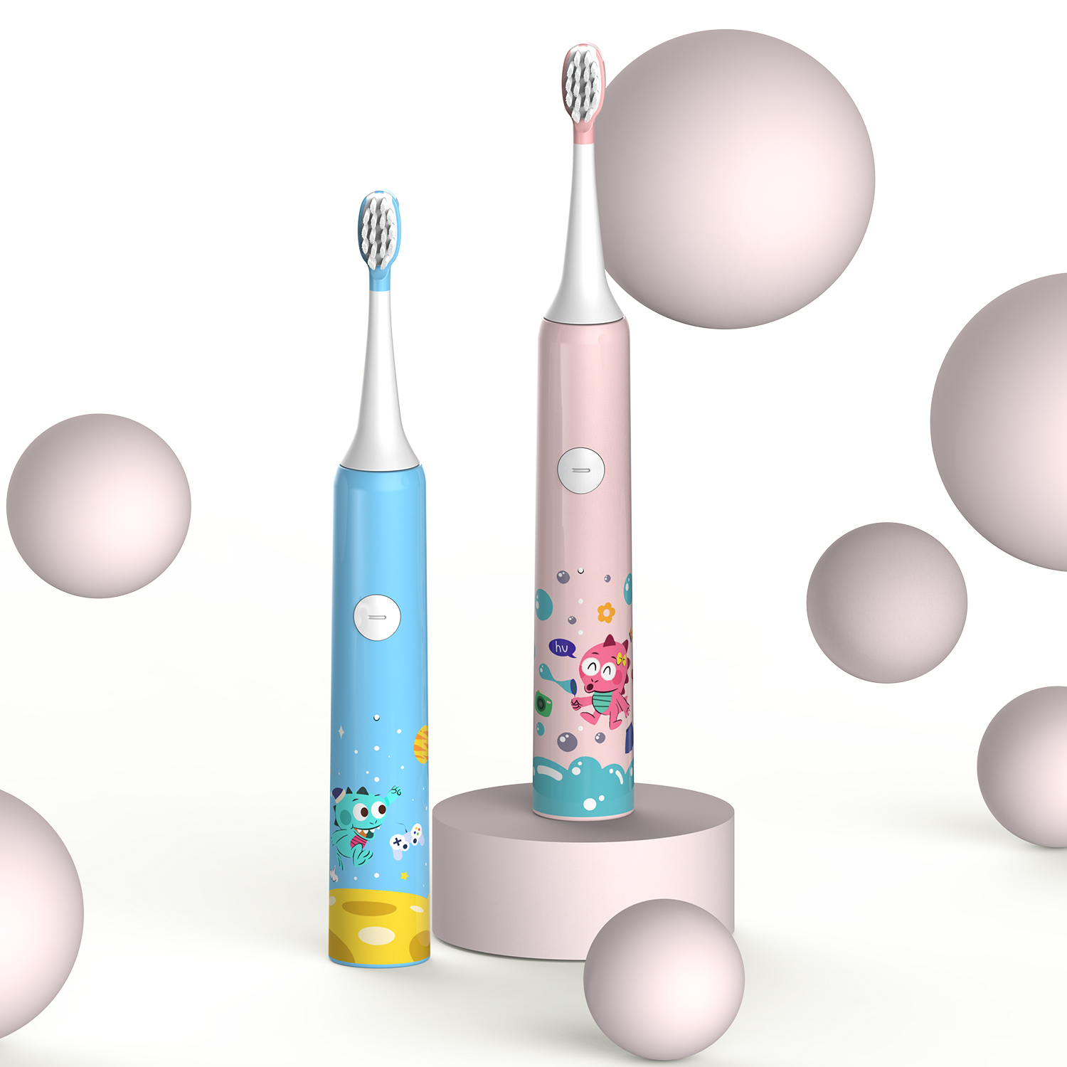 Zwei elektrische Zahnbürsten, blau und rosa, mit Cartoonfiguren, auf rosa Plattformen.