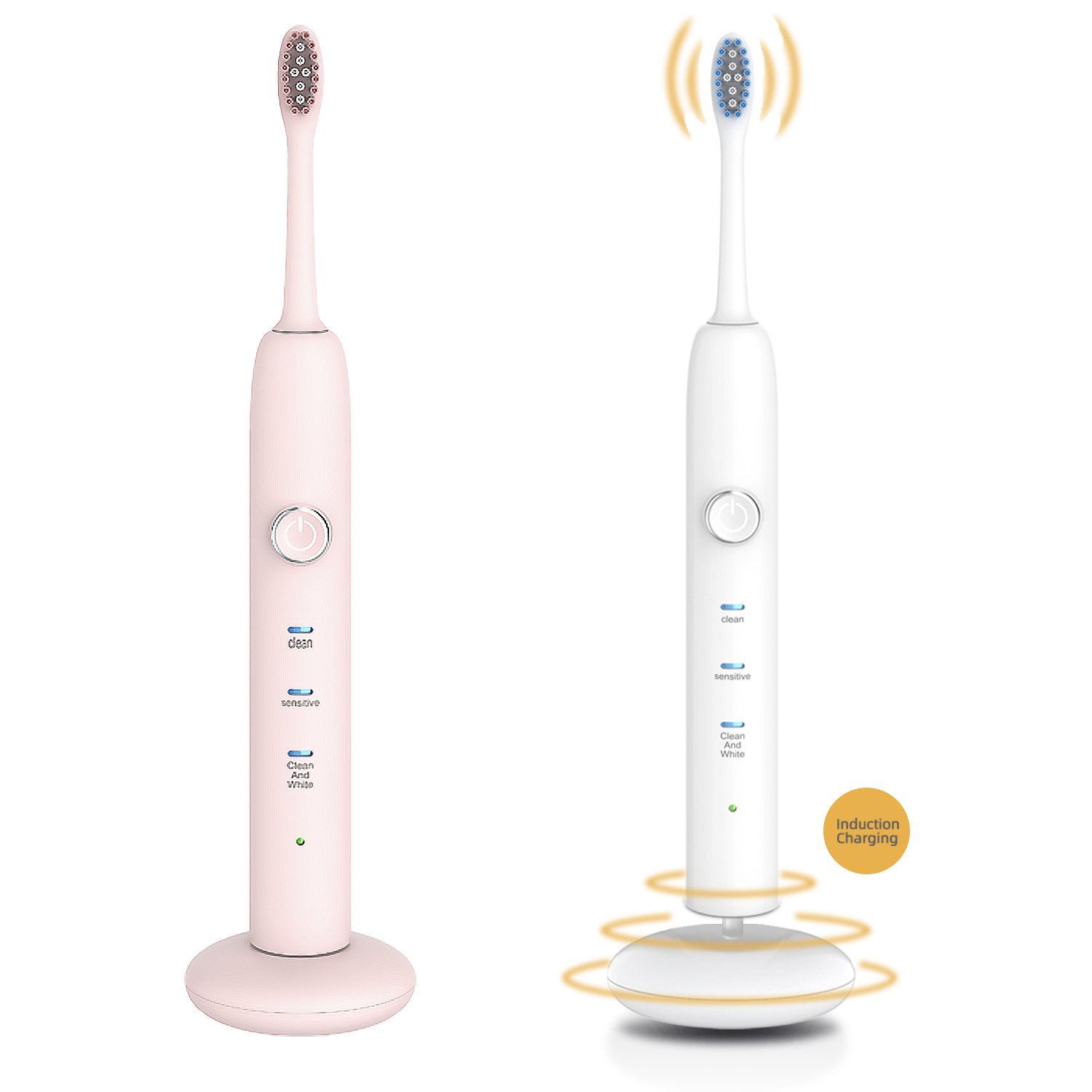 Due spazzolini elettrici, uno rosa, uno bianco, con basi di ricarica.