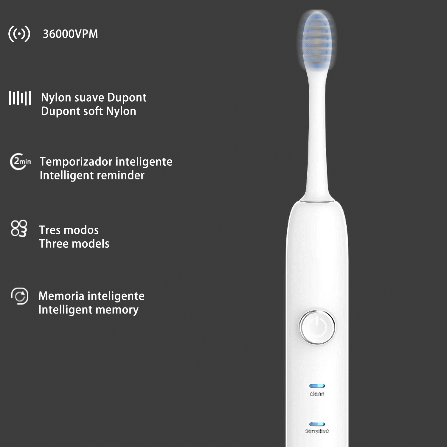 Spazzolino elettrico bianco con etichette di testo. Primo piano della testina.