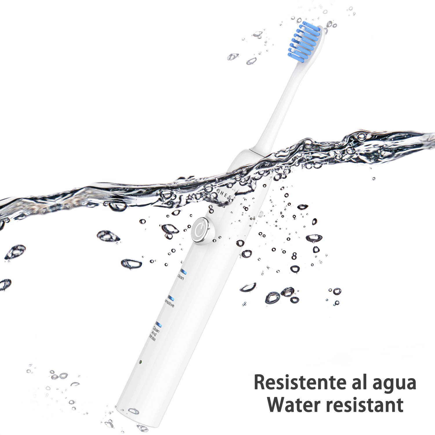 Uno spazzolino elettrico bianco è immerso nell'acqua. Sono visibili bolle e il testo dice 'resistente all'acqua'.