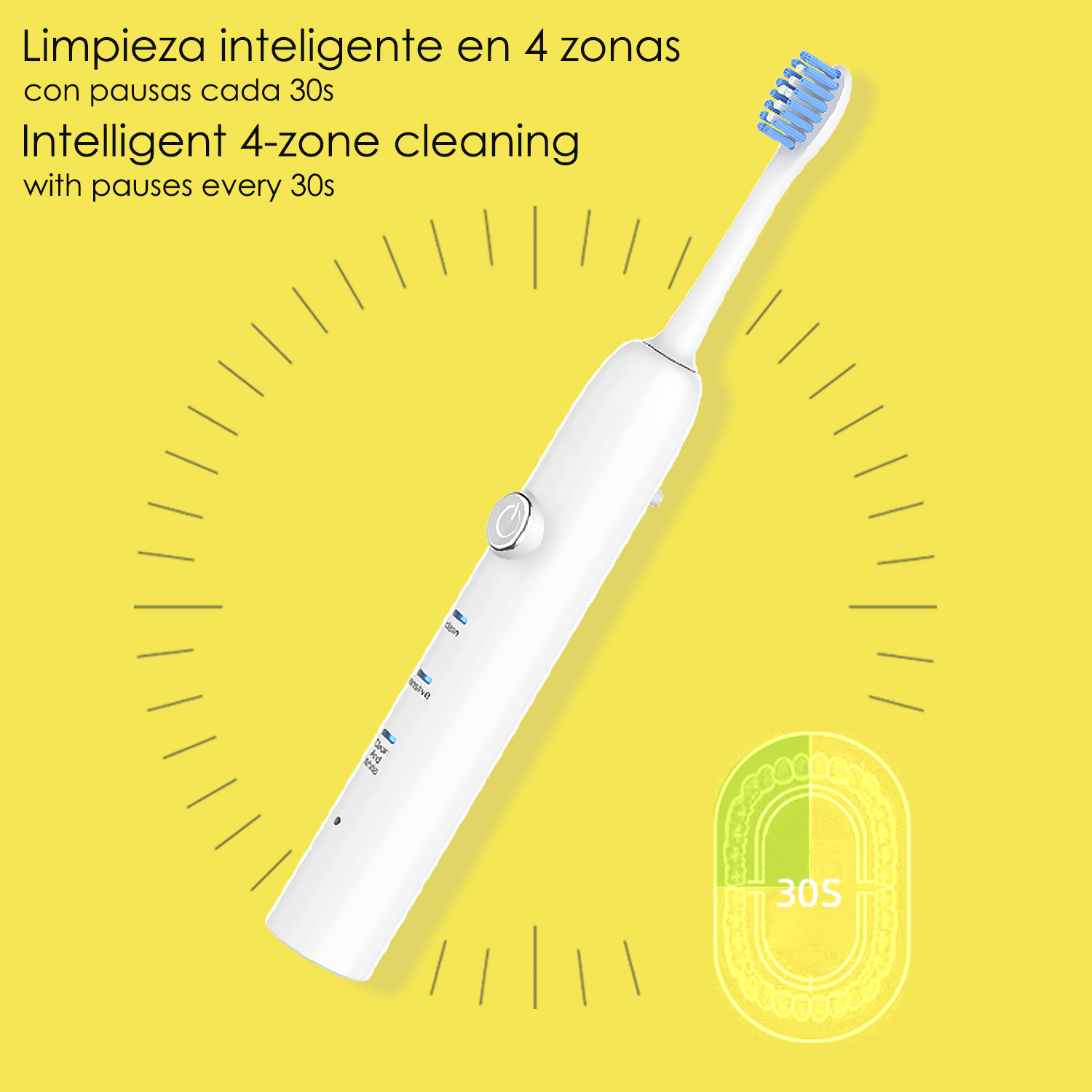 Uno spazzolino elettrico bianco con setole blu su sfondo giallo.