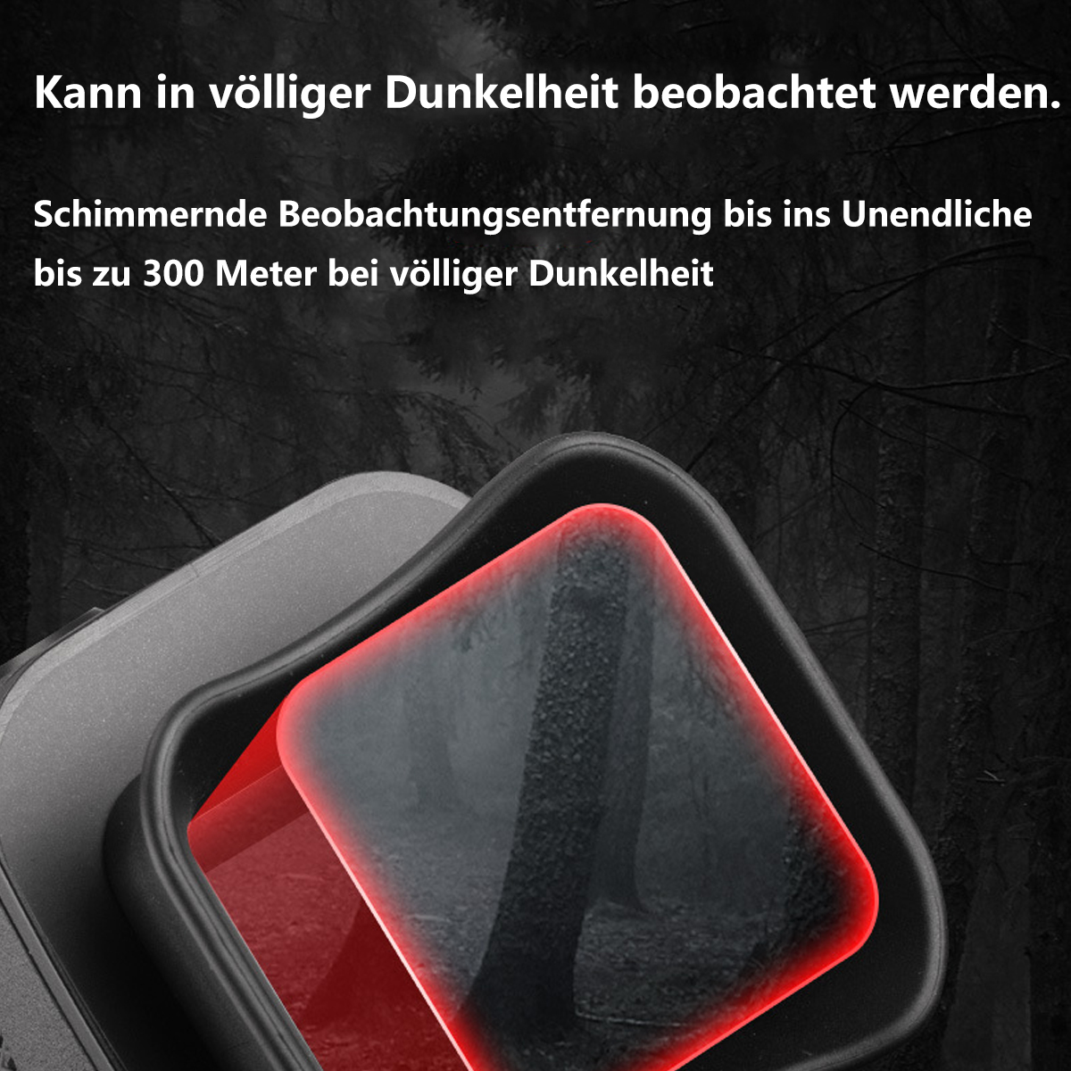 Dunkle Szene mit einem Gerät mit roten Lichtern und Text über Nachtsicht.