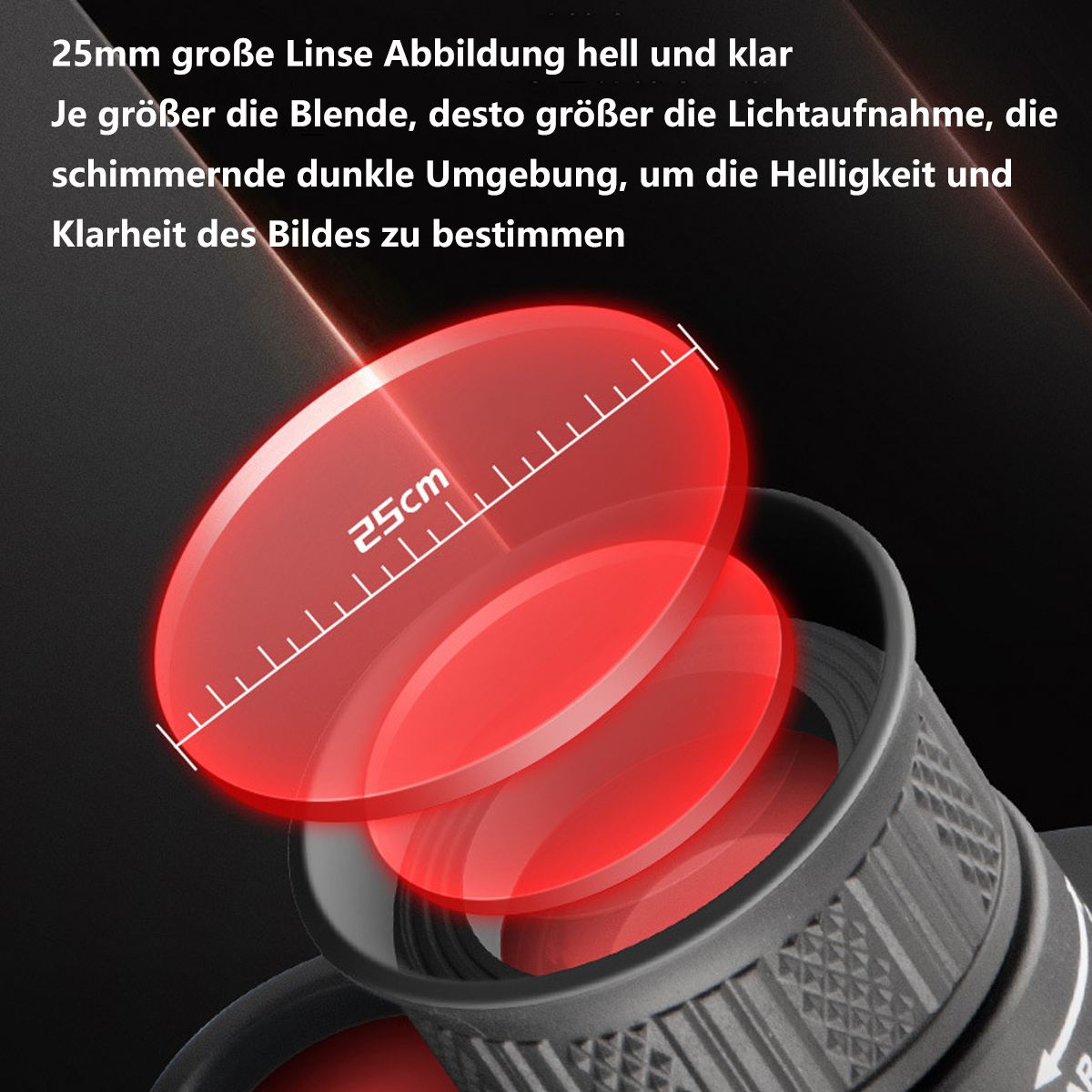Rote Linsen mit 25 cm Skala auf einem schwarzen Gerät, mit Text-Overlay.