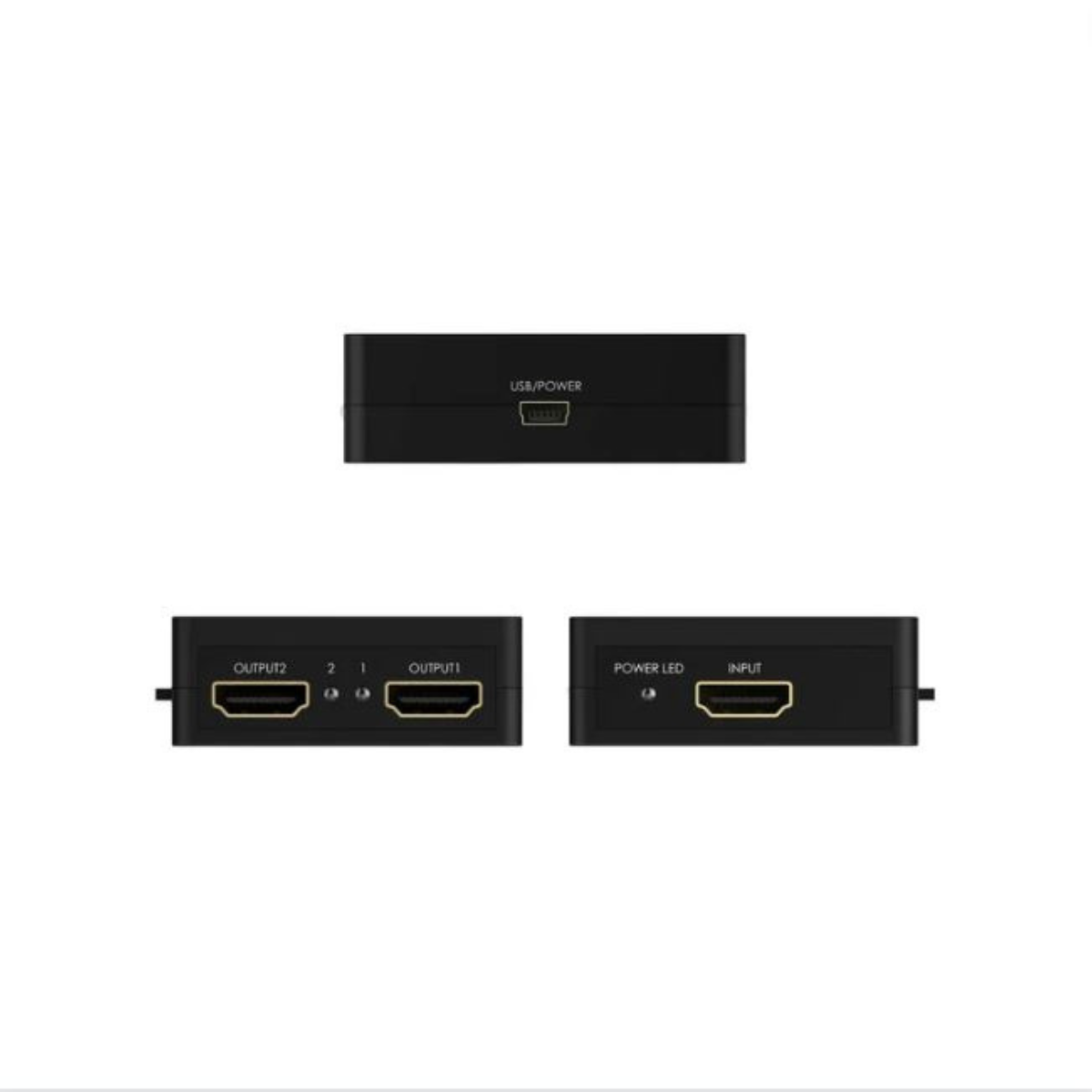 Ein schwarzer HDMI-Umschalter mit USB/Strom- und Ein-/Ausgangsanschlüssen. Draufsicht.