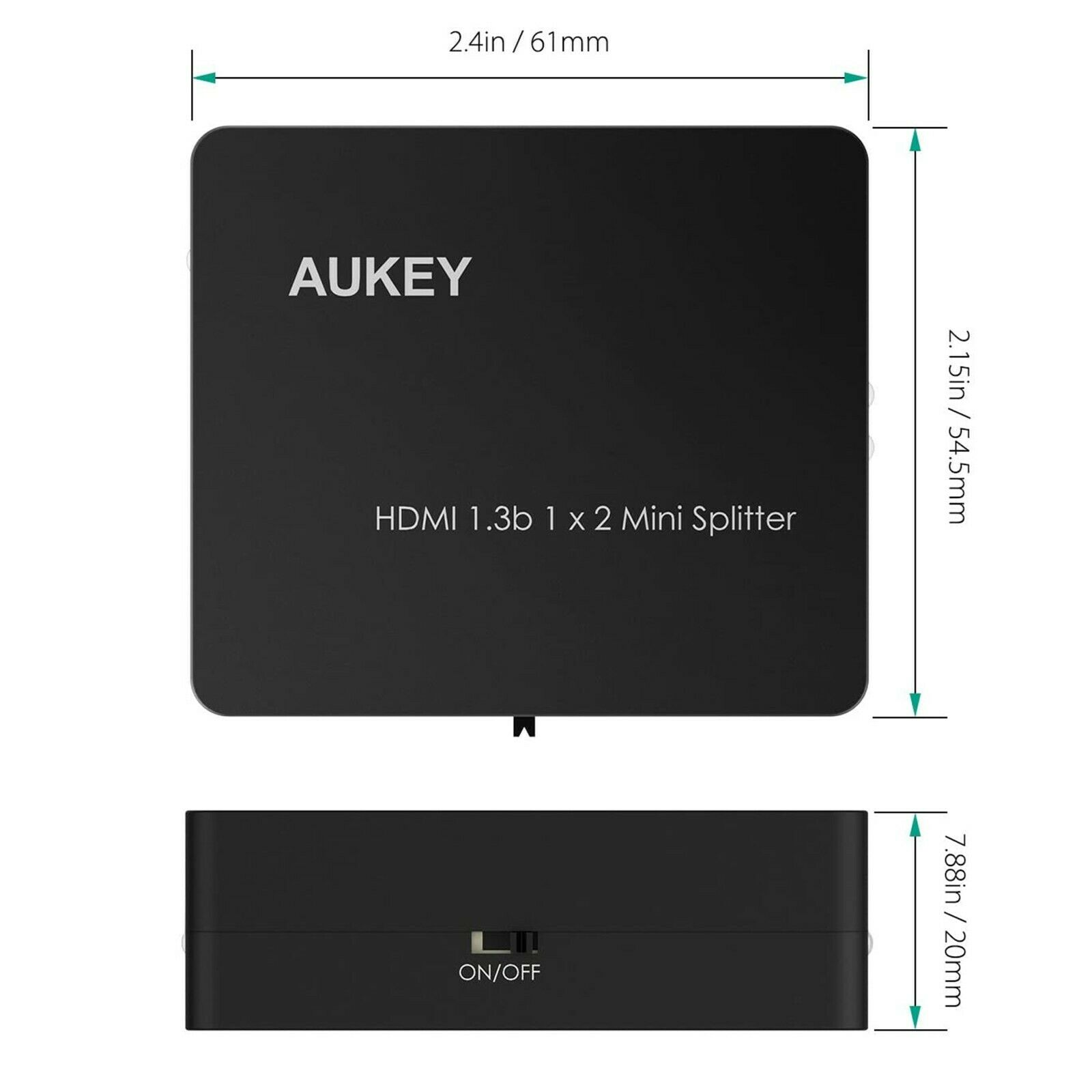 Schwarzer AUKEY HDMI-Splitter. Draufsicht mit Abmessungen. Seitenansicht mit Ein/Aus-Schalter.