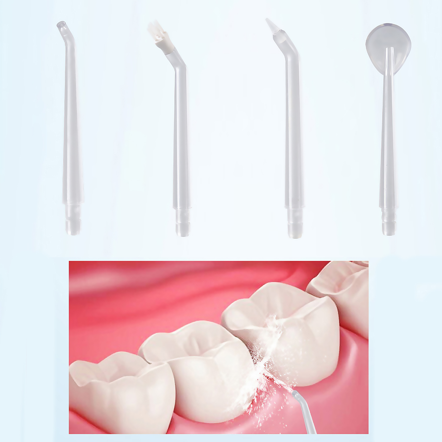 Herramientas de limpieza dental, con agua rociando sobre modelo de dientes, puntas para higiene oral.