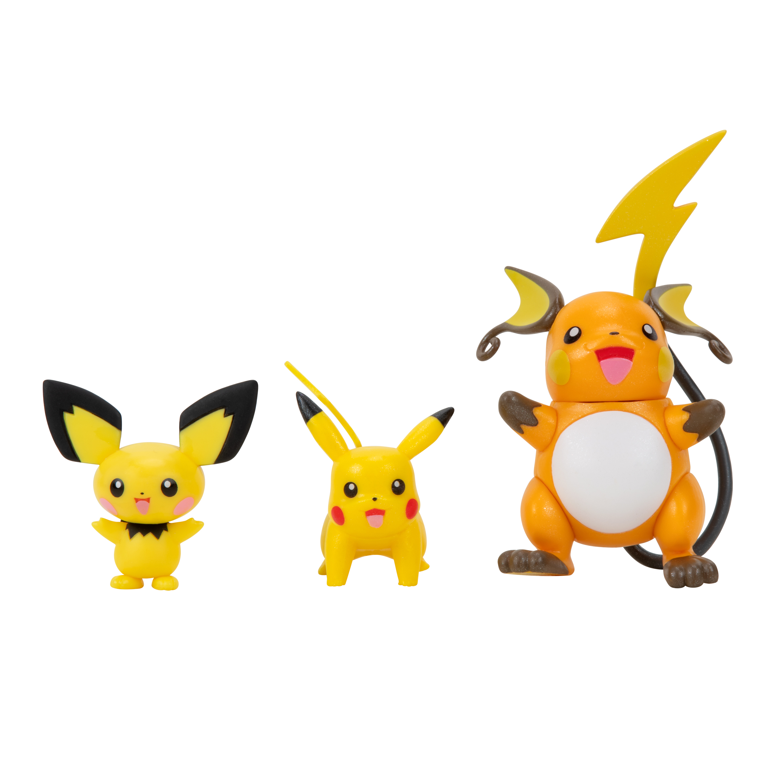Drei gelbe Pokémon-Figuren. Pikachu, Raichu und Pichu.
