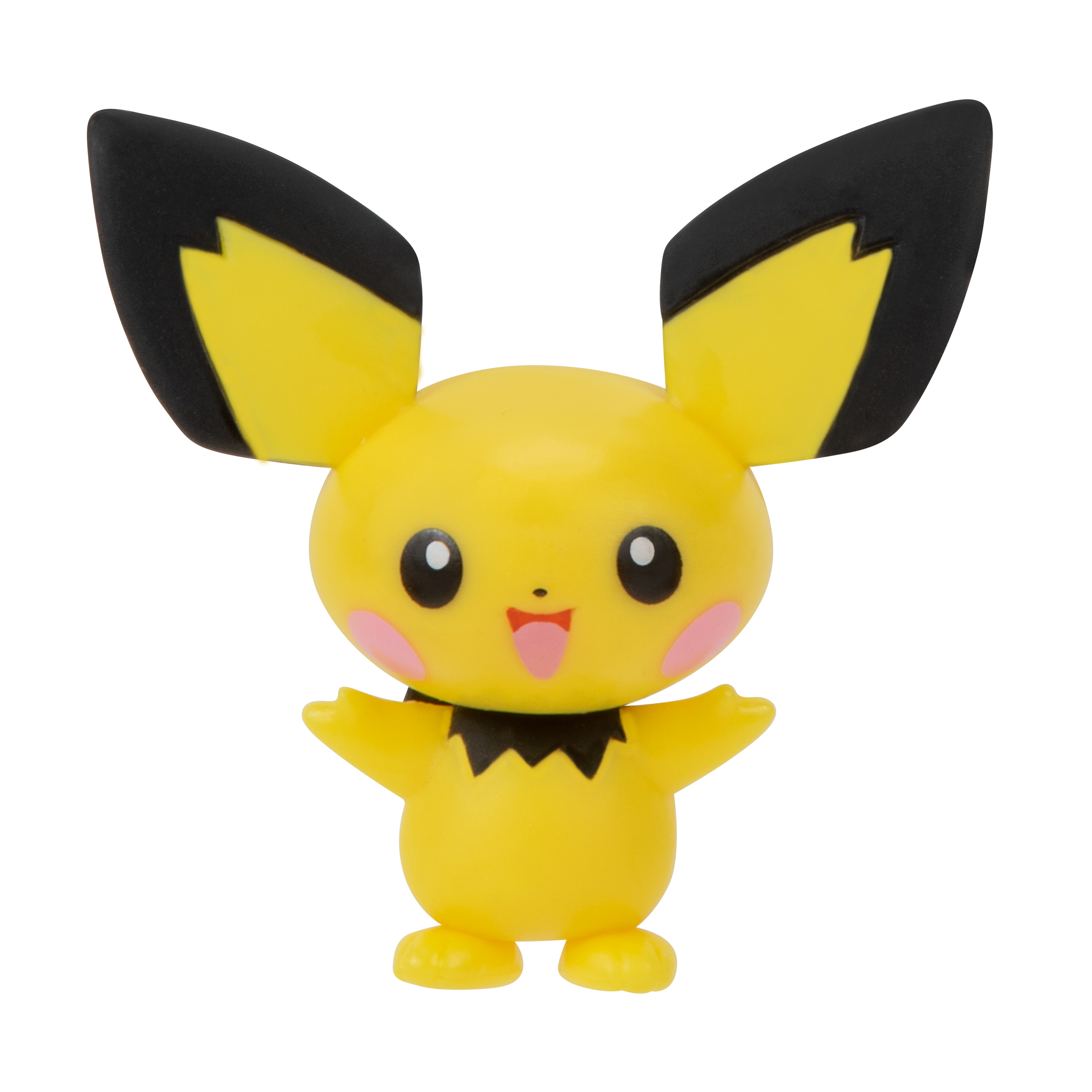 Eine gelbe Pichu-Figur mit schwarzen Ohren und einem schwarzen Kragen. Es hat rosa Wangen und ein lächelndes Gesicht.