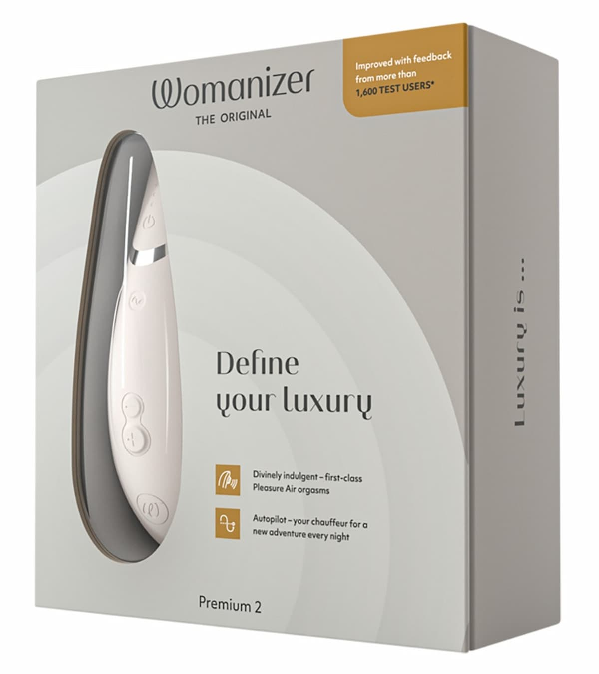 Womanizer Produktbox. Die Box zeigt das Produkt, einen weißen Vibrator, und beschreibt Funktionen.
