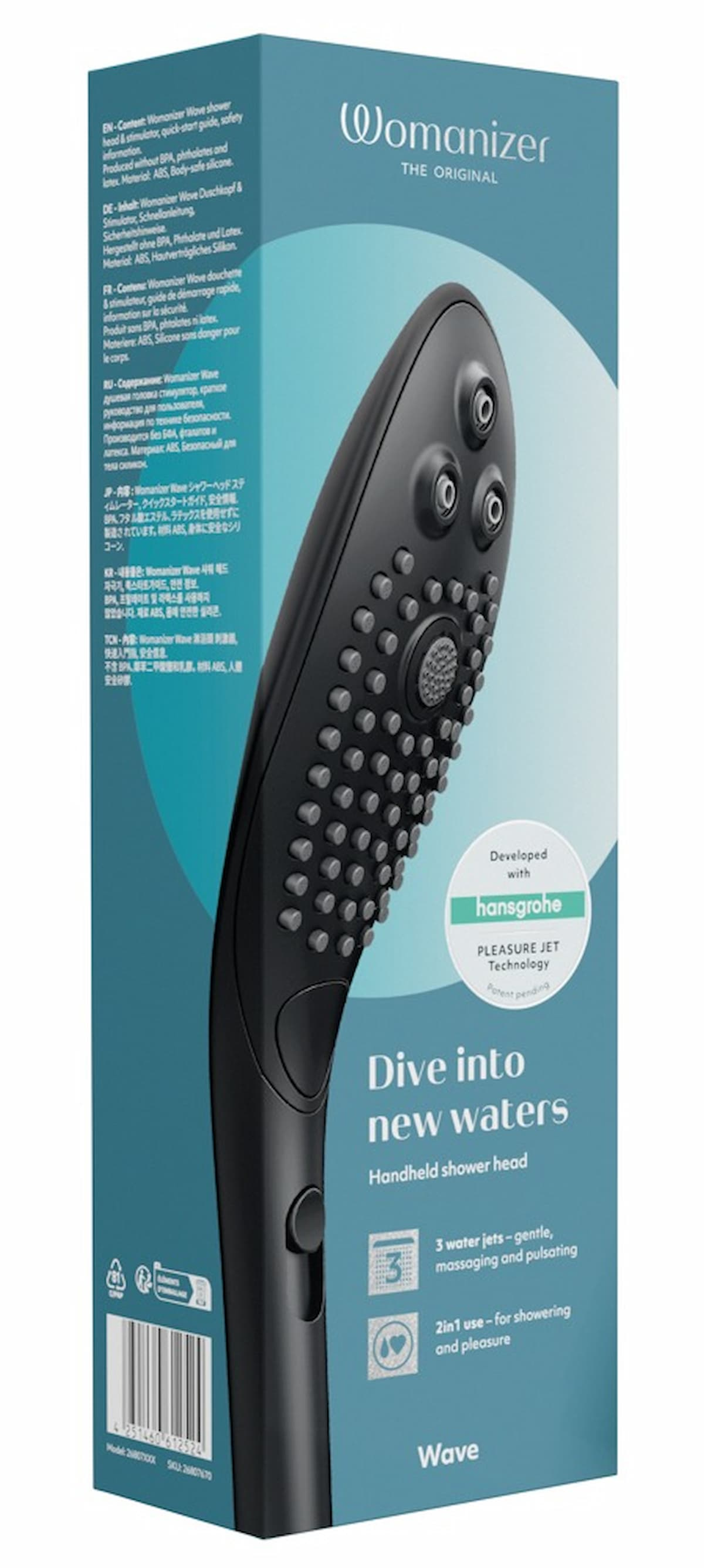 Schwarzer Handbrausekopf mit Text auf einer blauen Box. Die Box hat den Produktnamen.