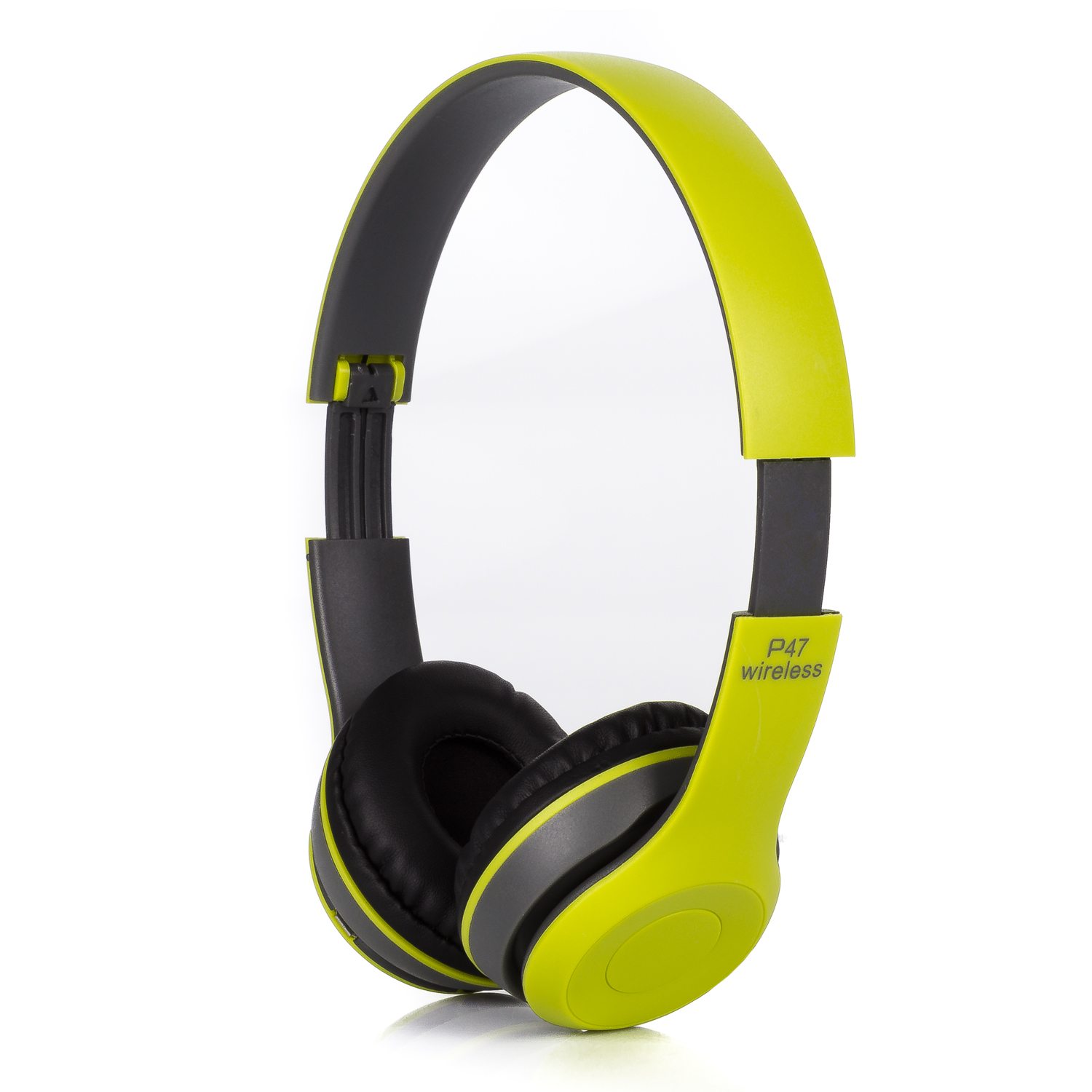 Cuffie verde lime e grigie su sfondo bianco. Le cuffie sono wireless e sovraurali.