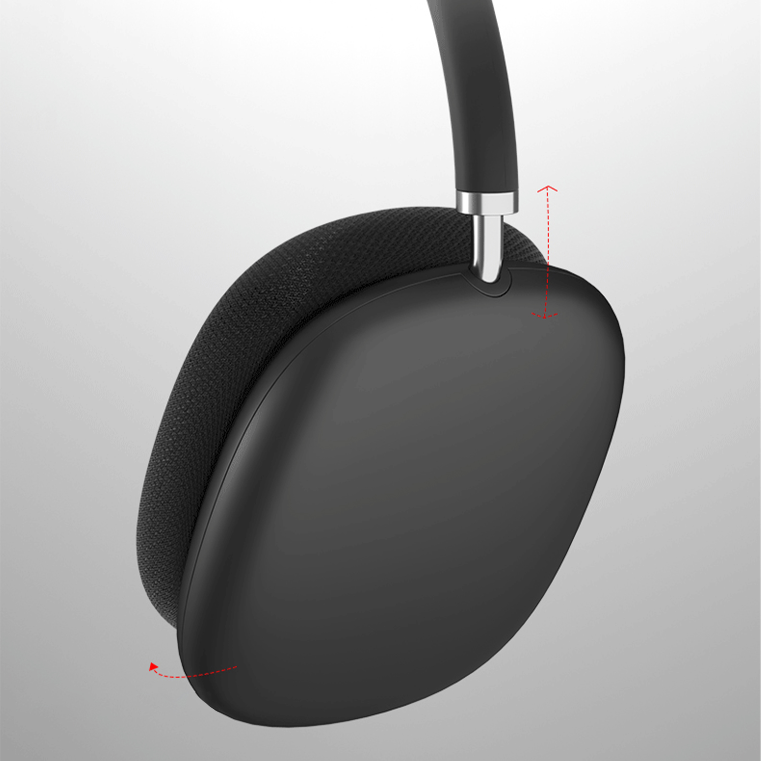Schwarze Over-Ear-Kopfhörer, Seitenansicht, mit Ohrmuschel und Kopfband.