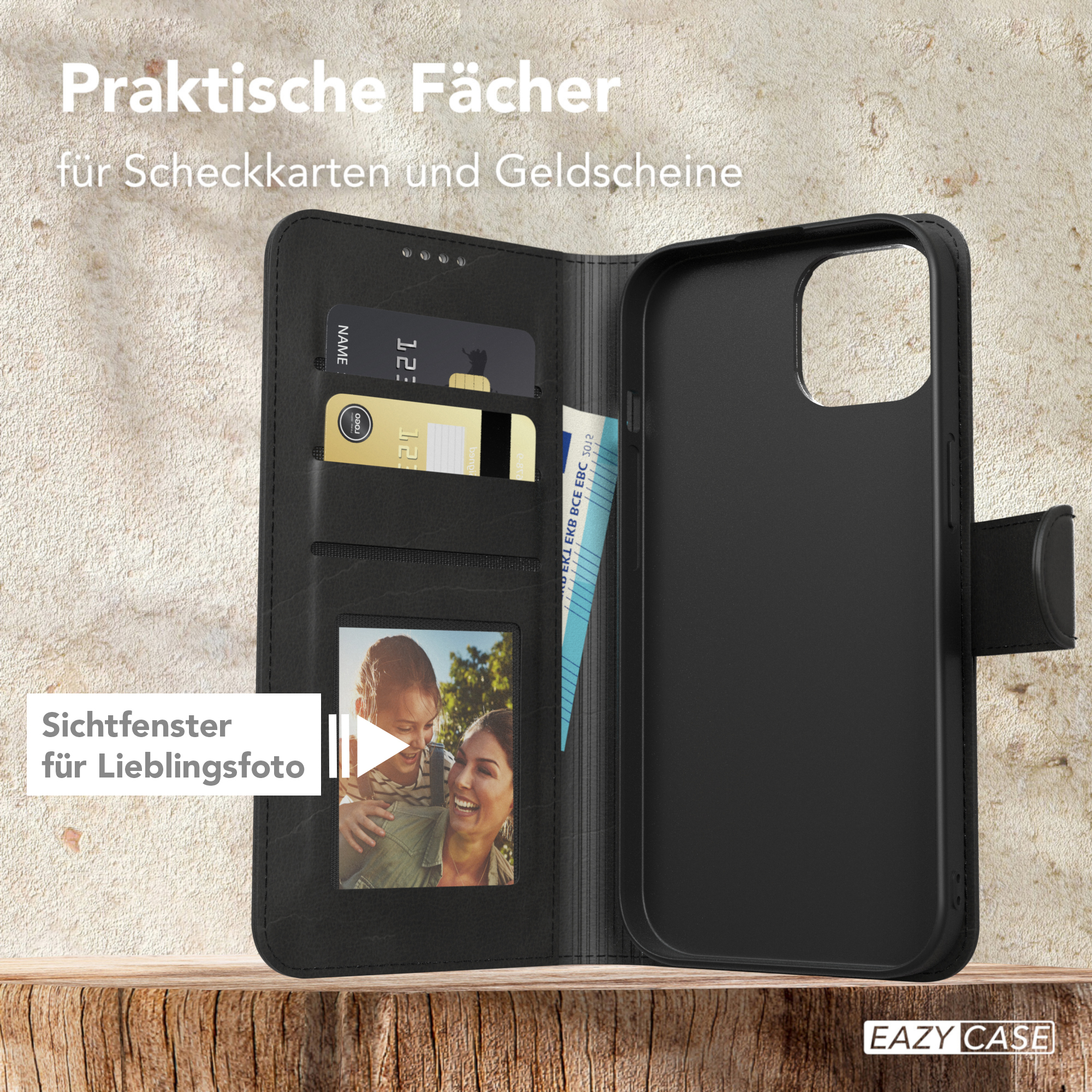 Eine schwarze Leder-Handyhülle mit Foto- und Kartenfächern, die ein Paar auf einem Bild zeigt.