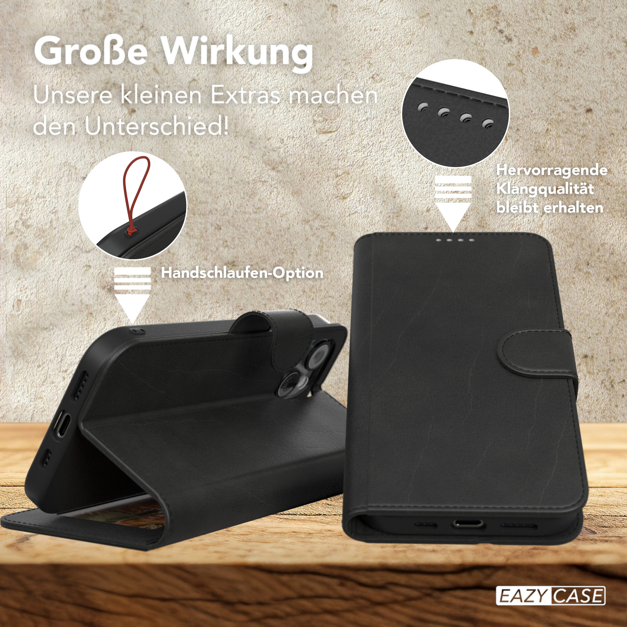 Schwarze Handyhülle mit geöffneten/geschlossenen Ansichten, mit Schlaufenoption und Klangqualitätsdetails.