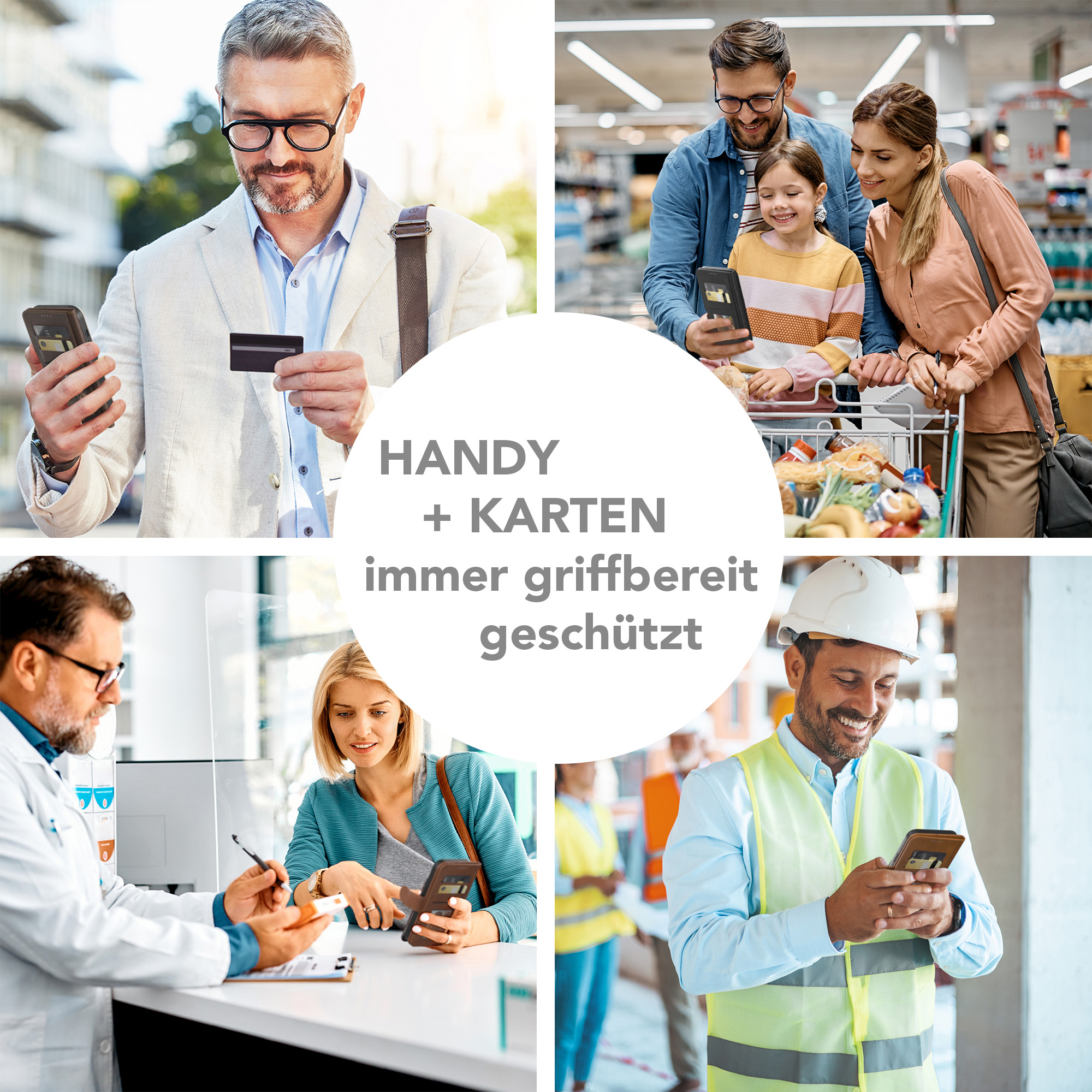 Fotos von Personen, die Telefon und Karte benutzen, mit Text: Telefon + Karten immer griffbereit.
