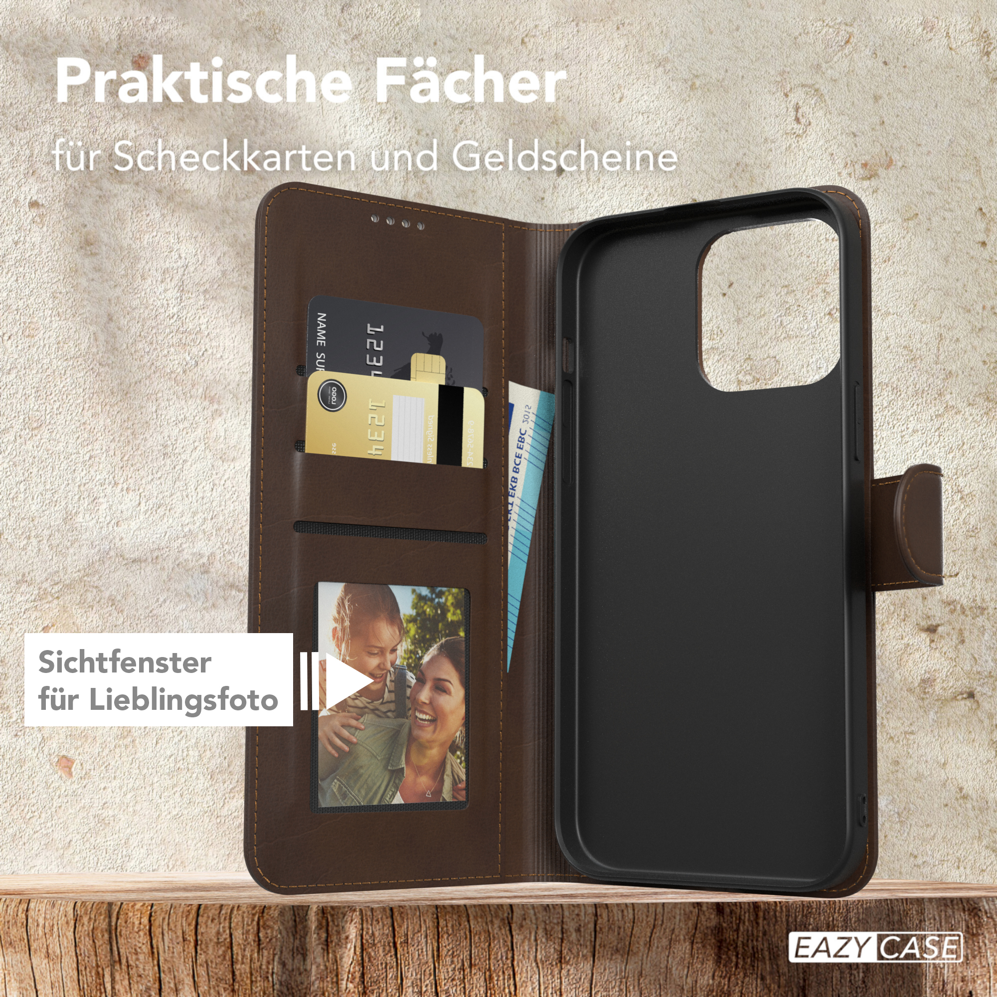 Braune Geldbörsenhülle. Karten, Foto und Bargeld sind sichtbar. Rechts eine Handyhülle.