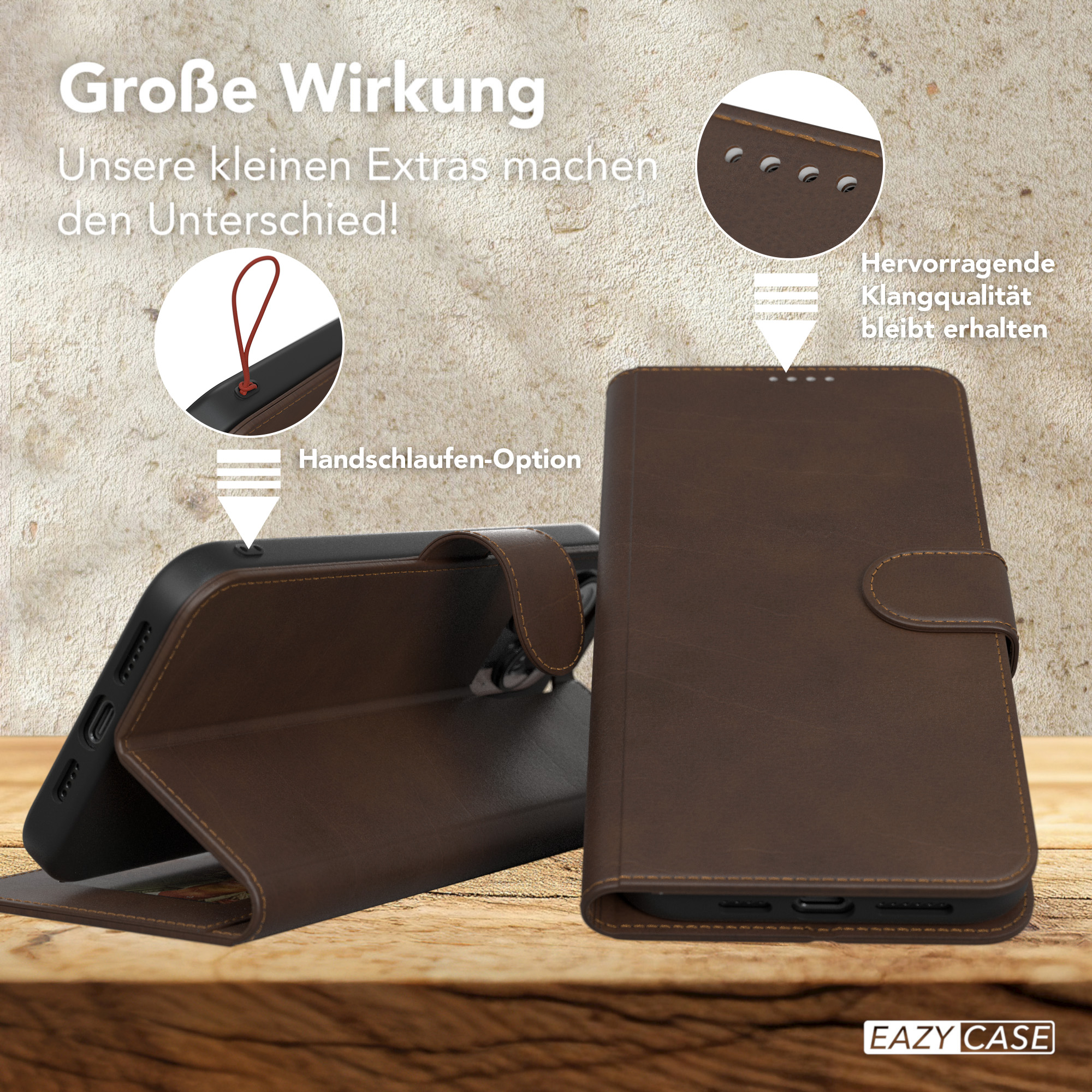 Braune Leder-Handyhülle, geöffnet, um das Telefon zu zeigen. Text: Handlaufen option.