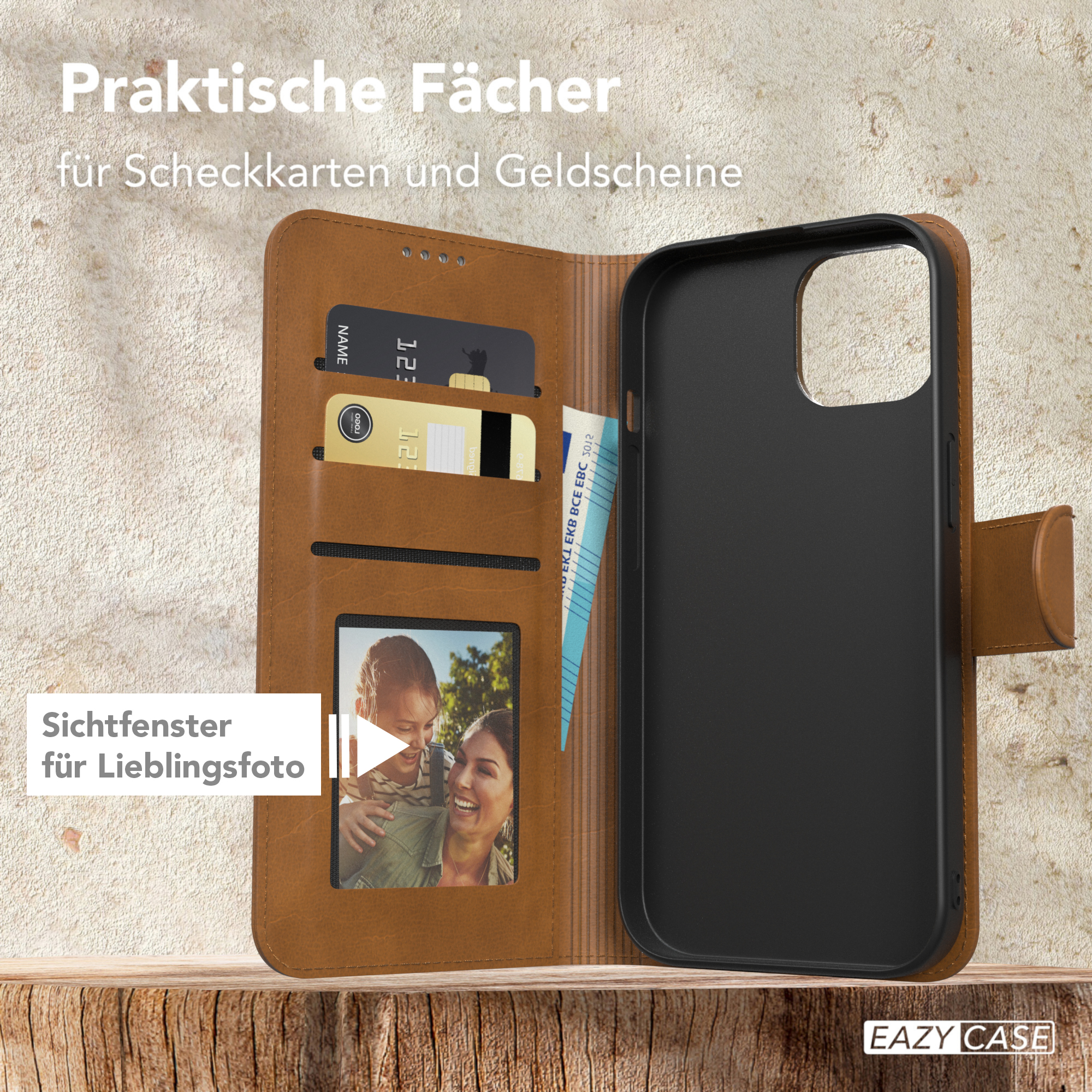 Braune Handyhülle offen, Karten und Foto links, Telefon rechts.