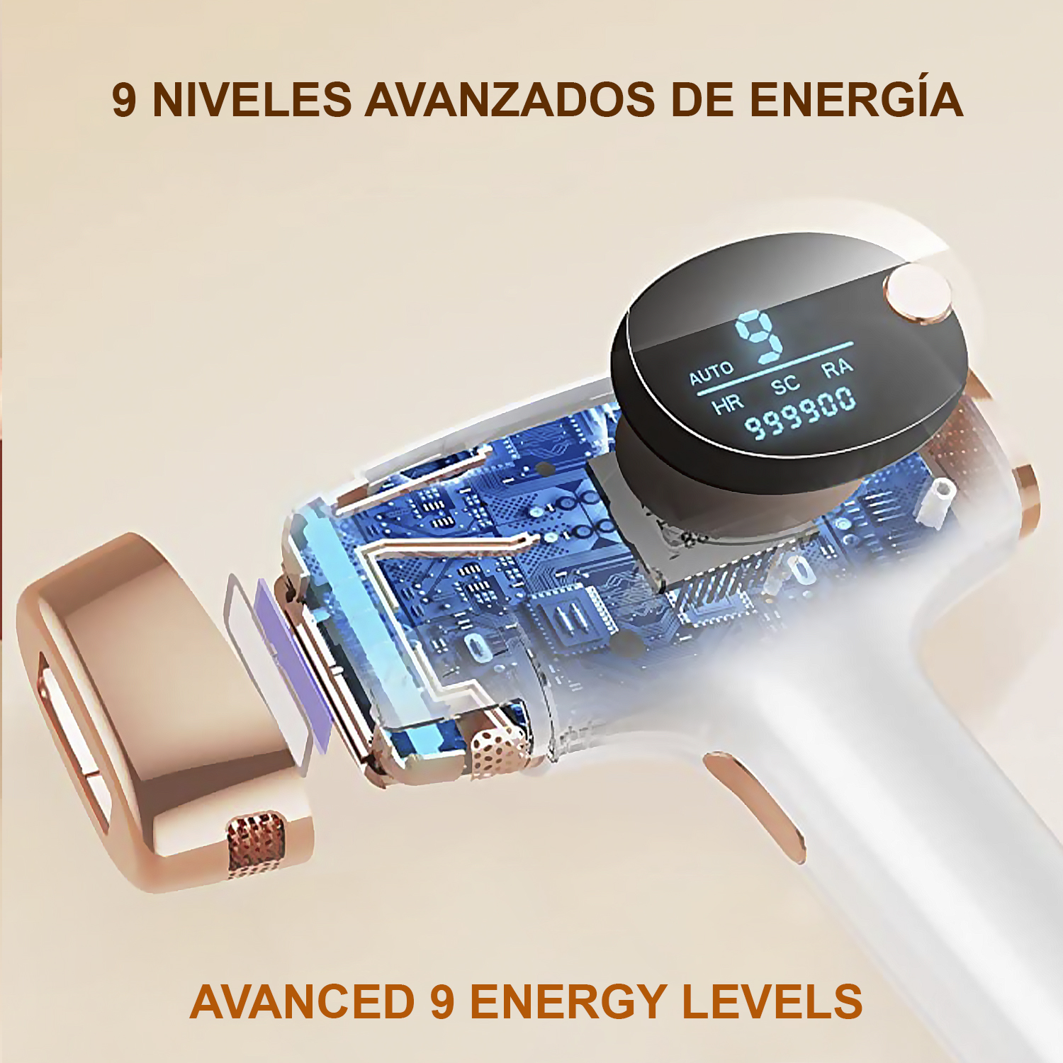 Ein weißes und goldenes Gerät mit einem Bildschirm, der Zahlen anzeigt, mit dem Text 'ADVANCED 9 ENERGY LEVELS'.