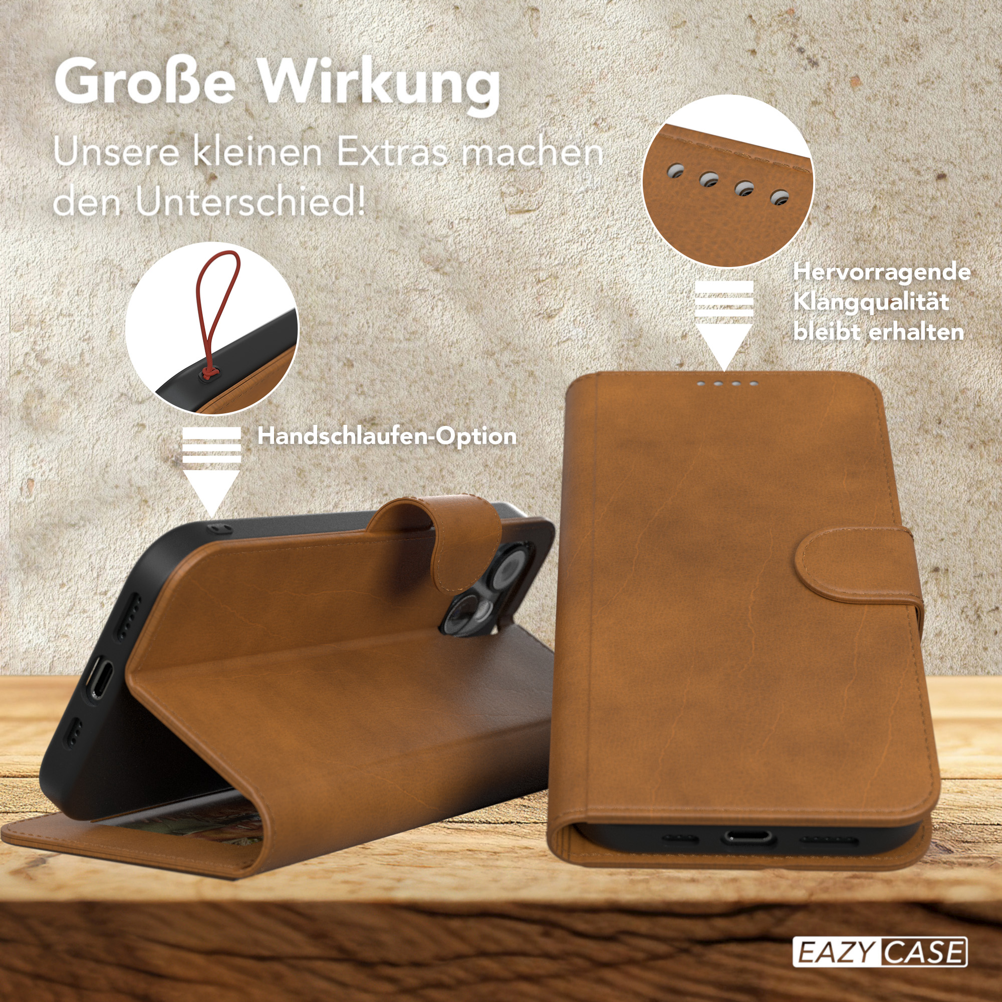 Eine braune Leder-Handyhülle mit Magnetverschluss und Handschlaufen-Option.