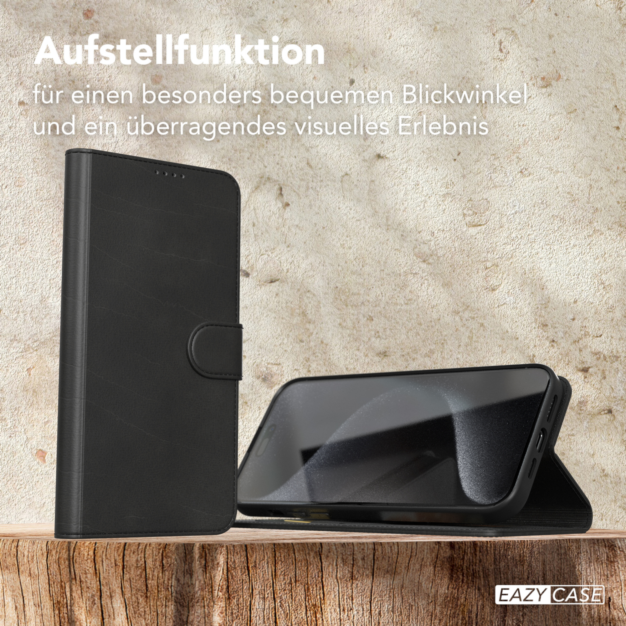 Schwarze Lederhülle mit Telefon darin, auf einer Holzoberfläche geöffnet, wirbt für die Marke Eazy Case.