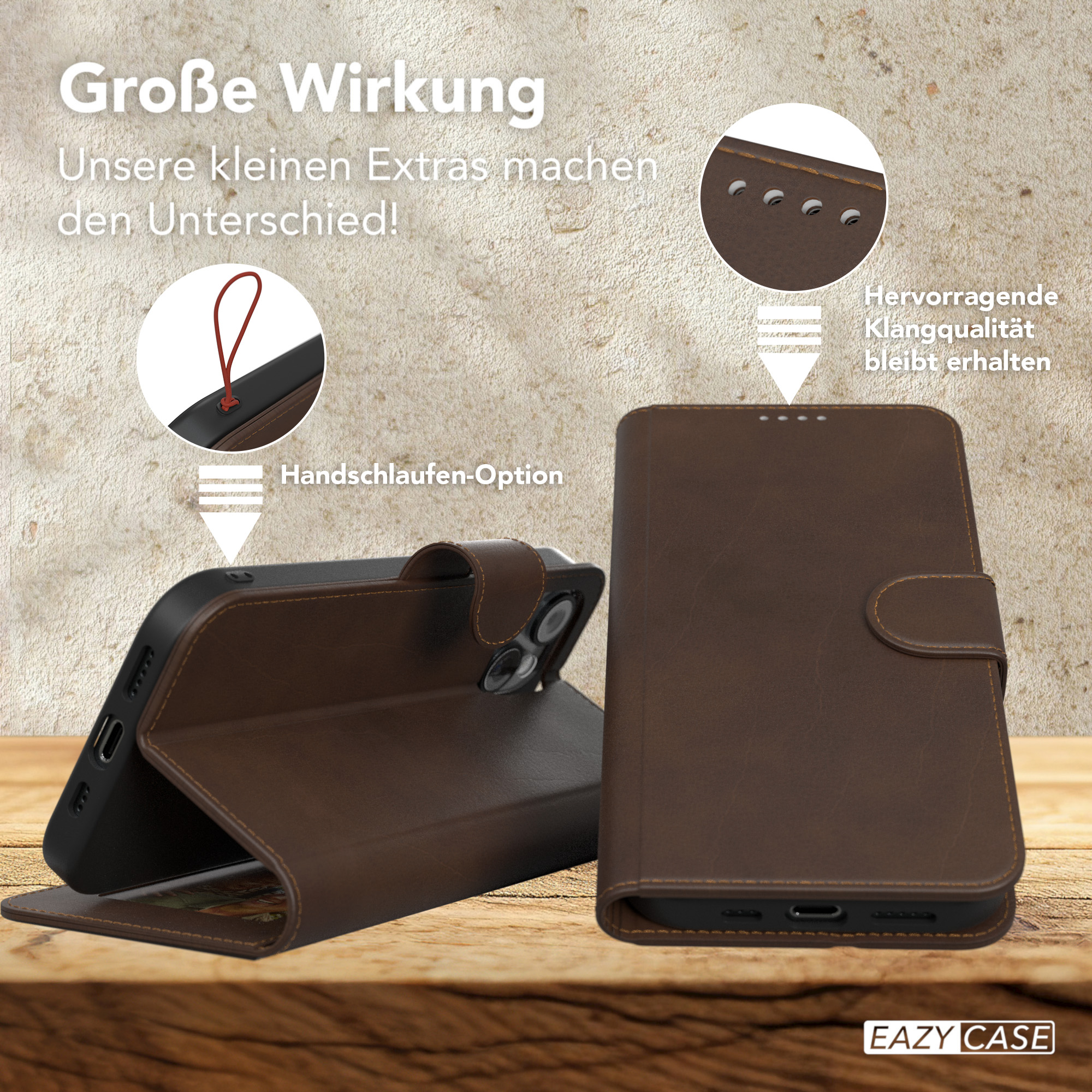 Braune Leder-Handyhülle, offen und geschlossen, mit Text.