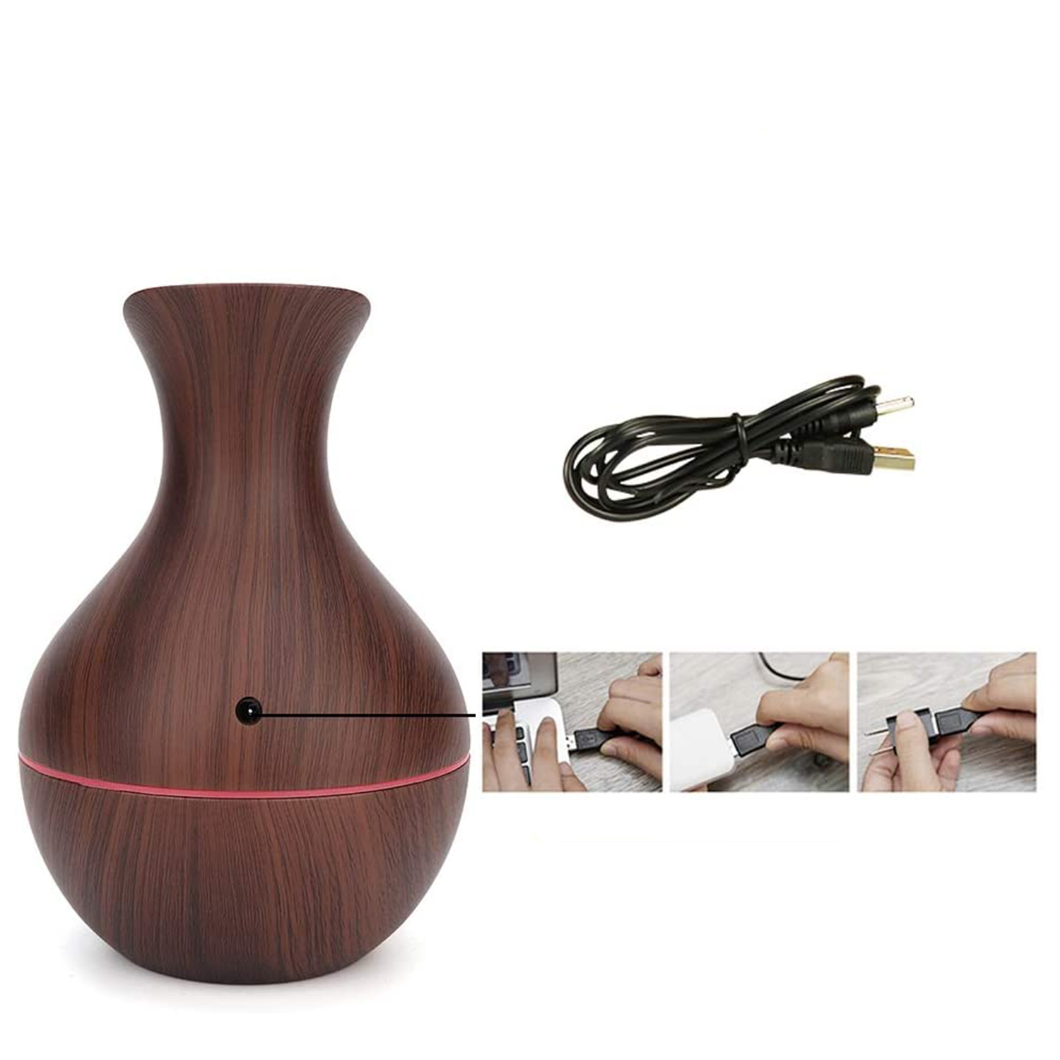 Holz-Aromadiffusor mit roter Basis. Ein Kabel und ein Ladeaufbau sind zu sehen.