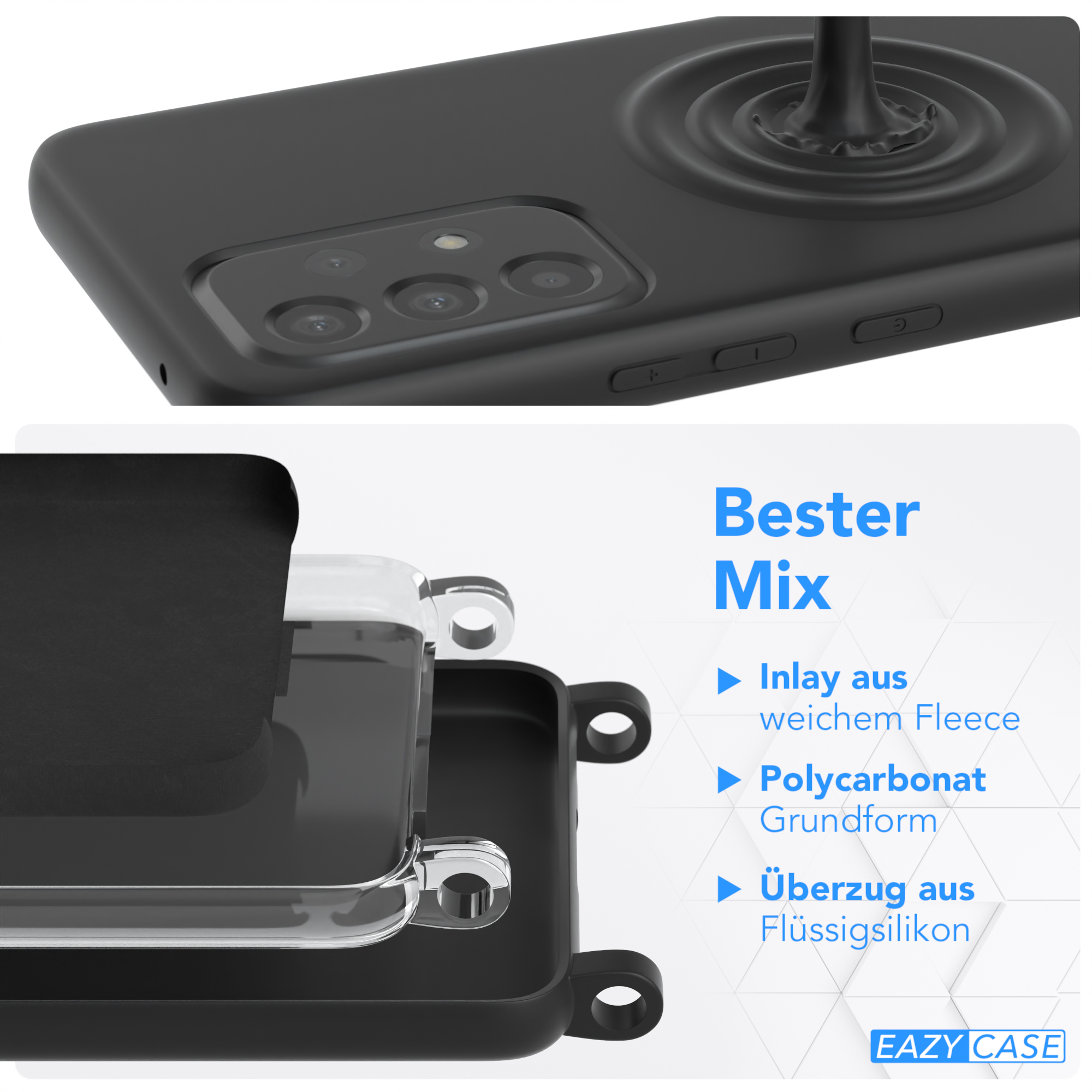 Schwarze Handyhülle mit geschwungenem Design, mit Produktdetails und Bildern.