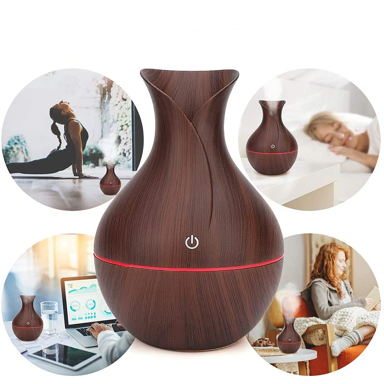Aromadiffusor mit Holzmaserung, kleinen Einheiten und Lifestyle-Szenen: Yoga, Lesen, Arbeiten und Schlafen.