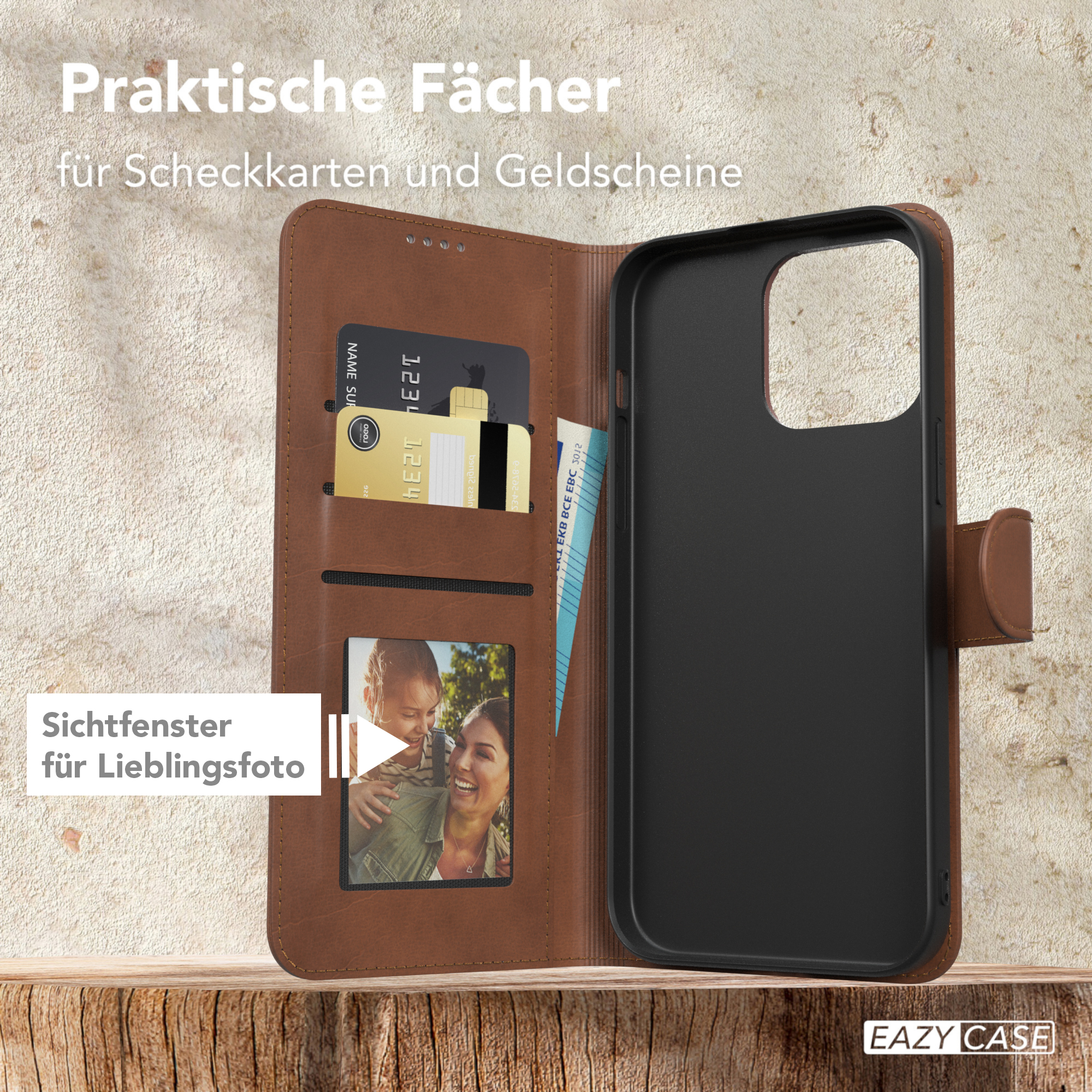 Braune Handyhülle mit Fächern für Karten und Geld, sowie ein Fenster für ein Foto.
