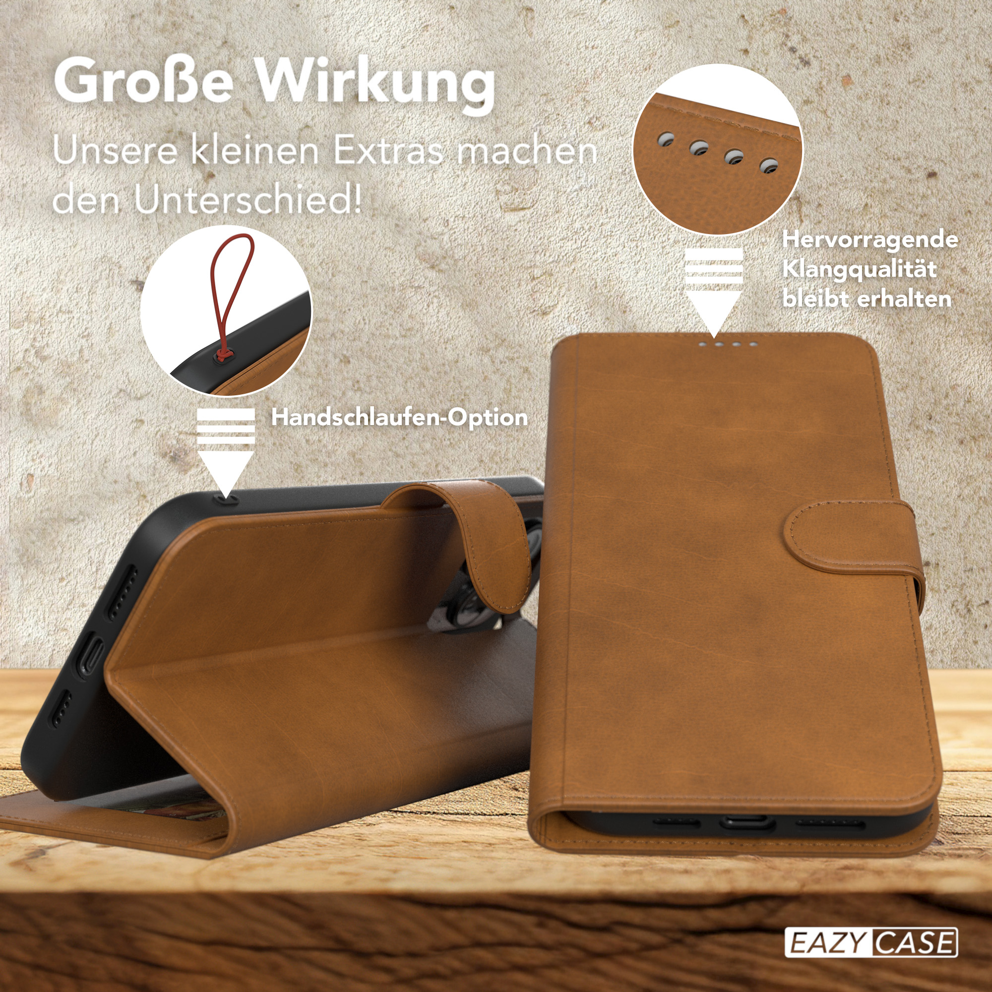 Eine braune Leder-Handyhülle, geöffnet, um ein Telefon und einen roten Riemen zu zeigen, mit Details und Beschriftungen.