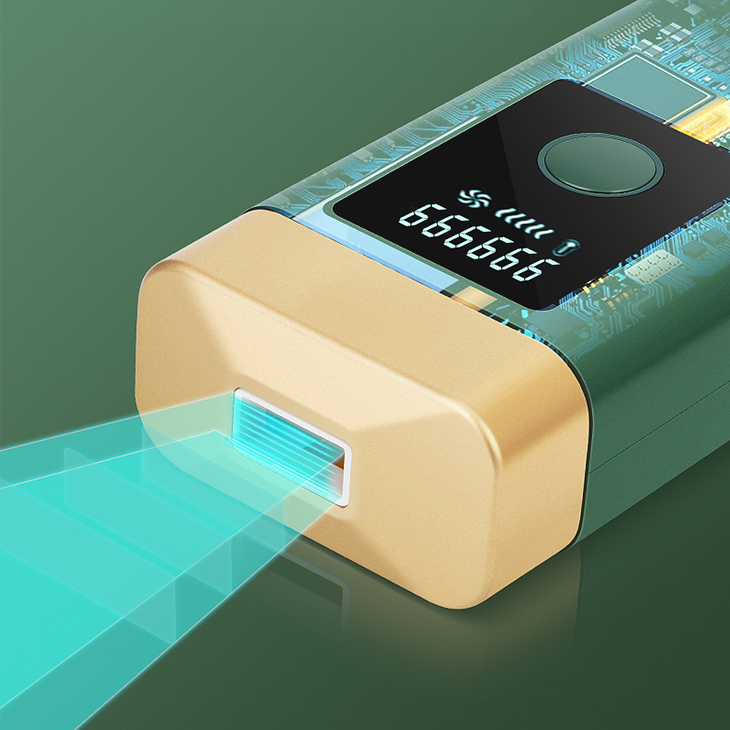 Grünes und goldenes Laser-Haarentfernungsgerät, das einen blauen Lichtstrahl aussendet. Display zeigt '666666'.
