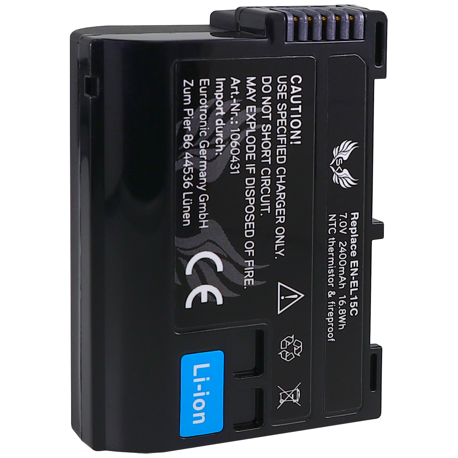 Eine schwarze Batterie mit der Aufschrift "Li-ion" und anderen Sicherheitsinformationen.