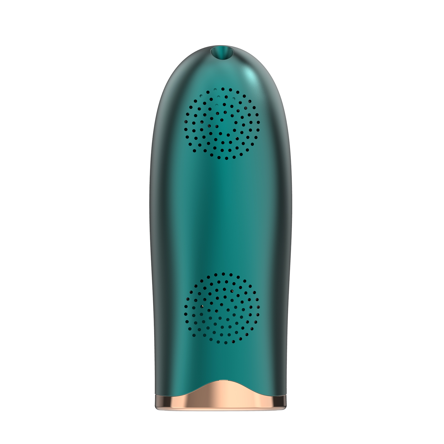 Un dispositivo color turquesa con dos agujeros de altavoz y base dorada.