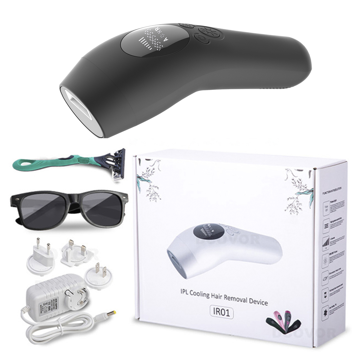 IPL-Haarentfernungsgerät und Zubehör: Rasierer, Sonnenbrille, Netzteil und Ladestecker.